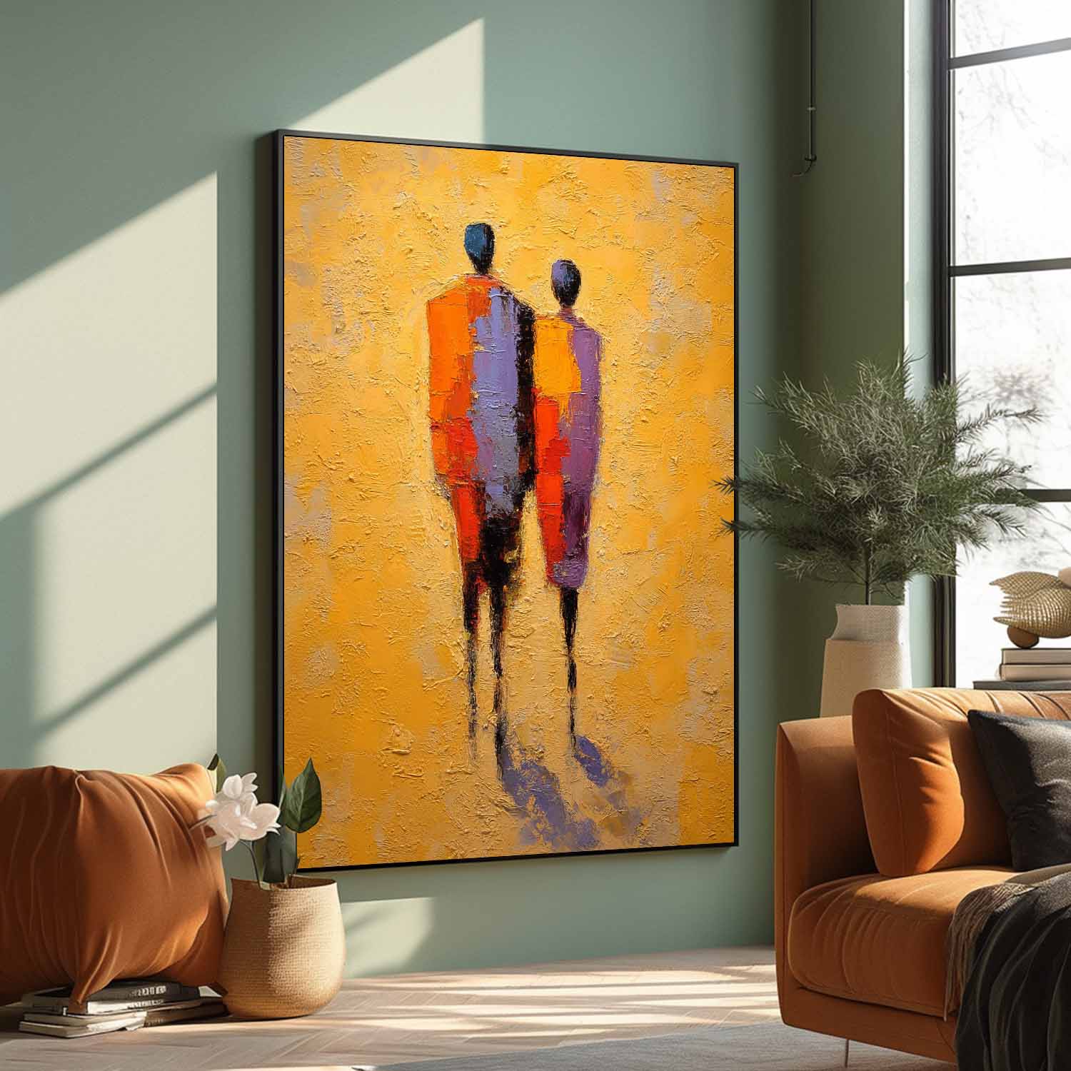 Abstract Oil Painting Couple Figure With Yellow Background Modern Wall Art Home Decor Original Handmade Artwork