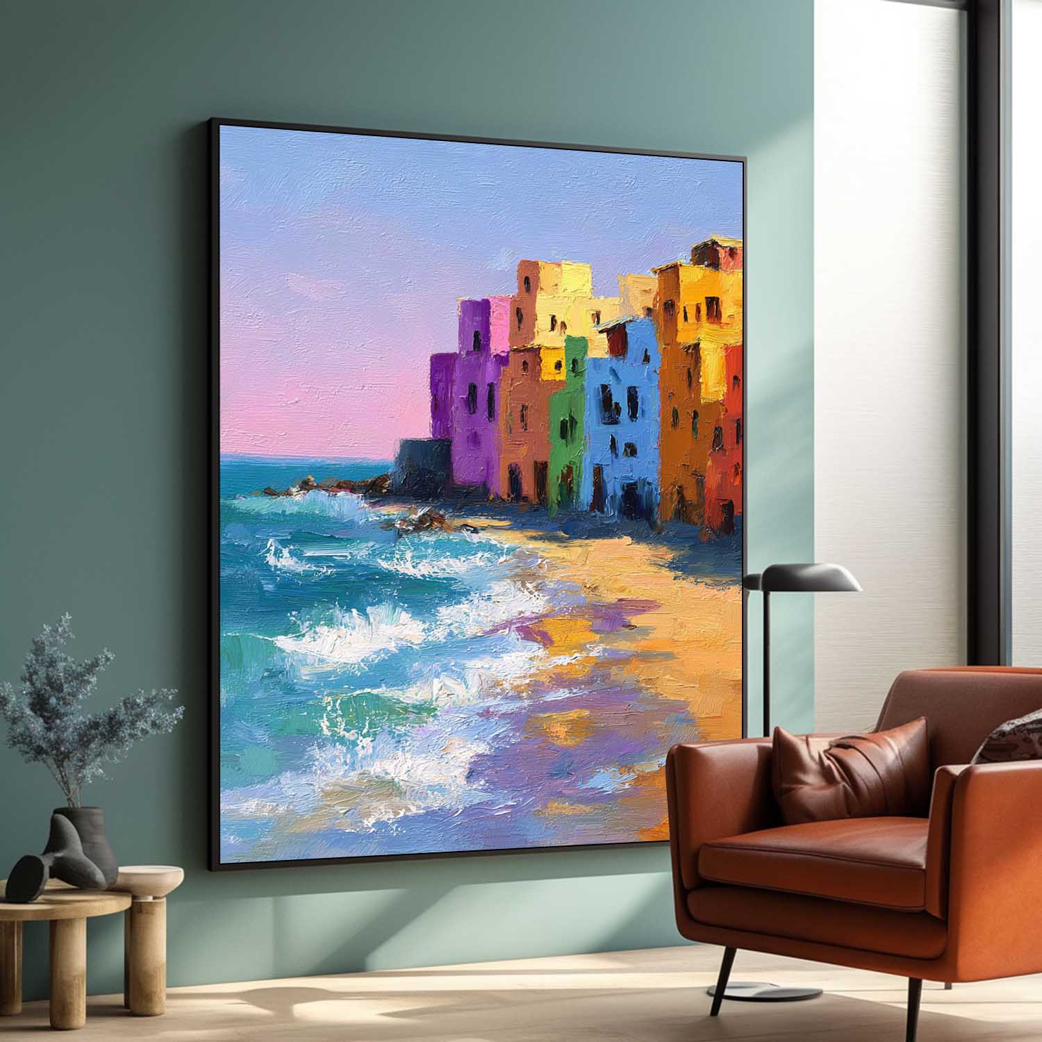 Coastal Wall Art Original Abstract Colorful Seaside Houses Painting Modern Texture Artwork Home Decor