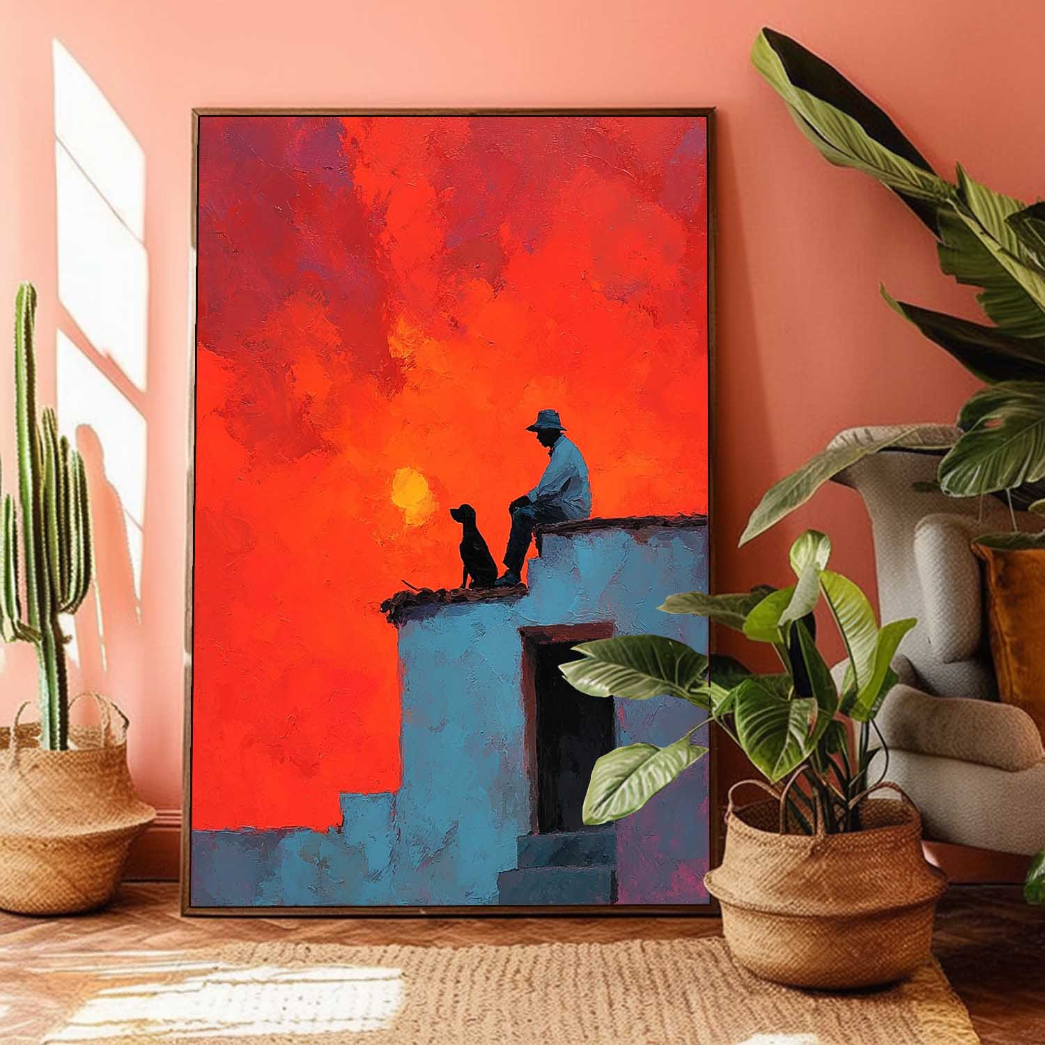 Vibrant Crimson Sunset Clouds Landscape Art Modern Impressionist Boy And Pet Canvas Modern Abstract Wall Decor