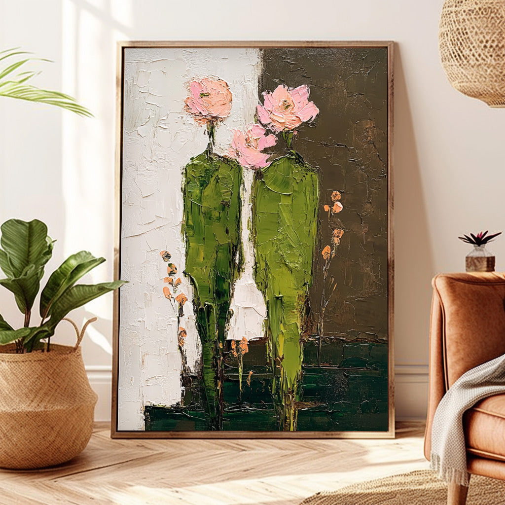 Handpainted Abstract Green Flower People Painting Modern Textured Wall Art Unique Floral Artwork Decor Gift