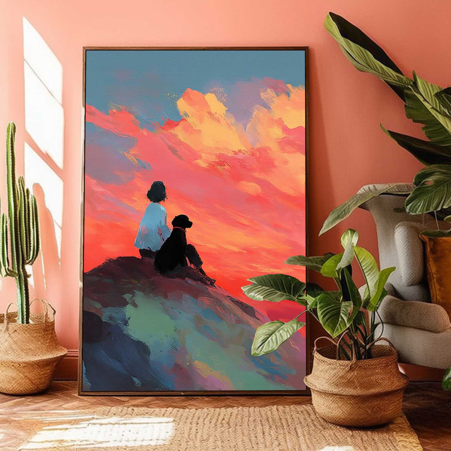 Abstract Sunset Wall Art Girl And Dog On Hilltop Contemporary Framed Painting Modern Impressionist Artwork
