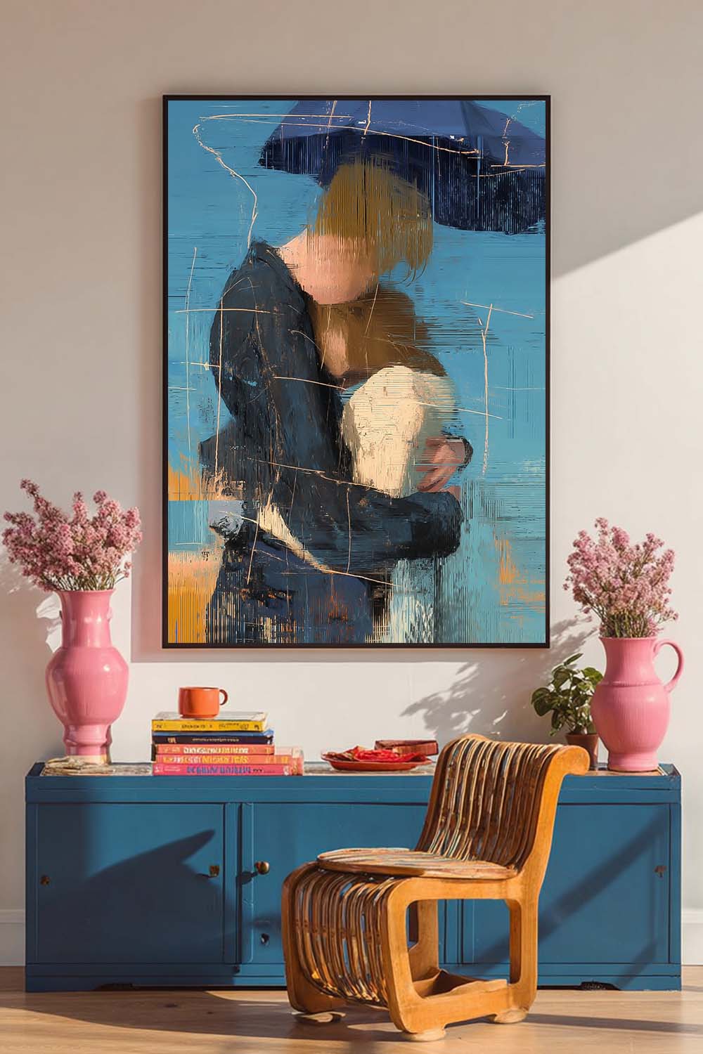 Couple Embracing In Rainy Day Abstract Oil Painting Blue Toned Wall Art Original Handpainted Canvas Art