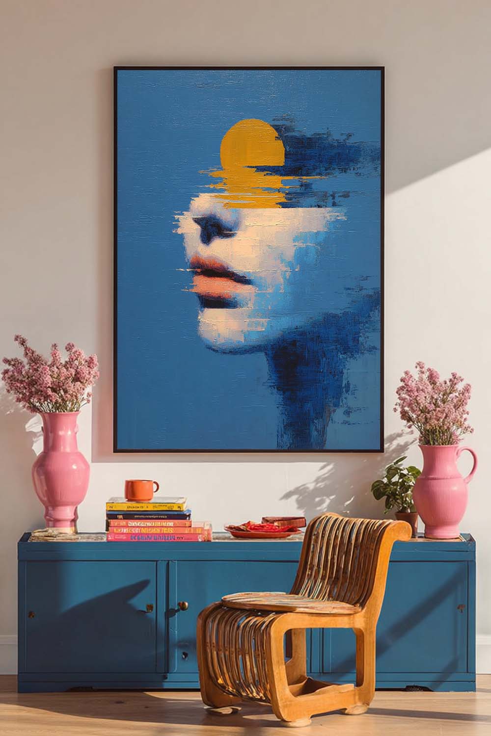 Abstract Sun-Portrait Fusion Art Painting Modern Blue Tone Contemporary Artwork With Striking Visual Depth