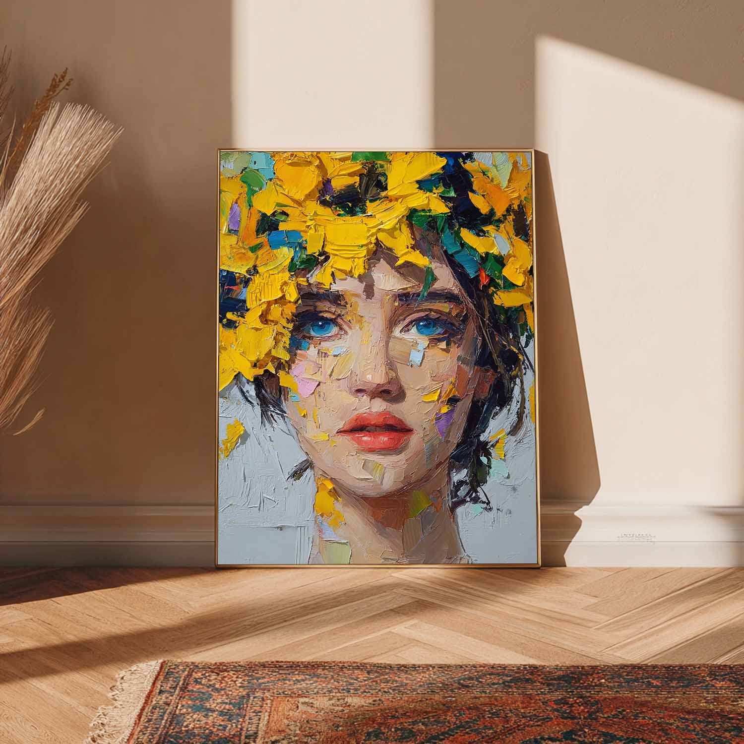 Original Handpainted Oil Portrait With Vibrant Yellow Floral Crown Bold Brushstroke Texture Canvas Art
