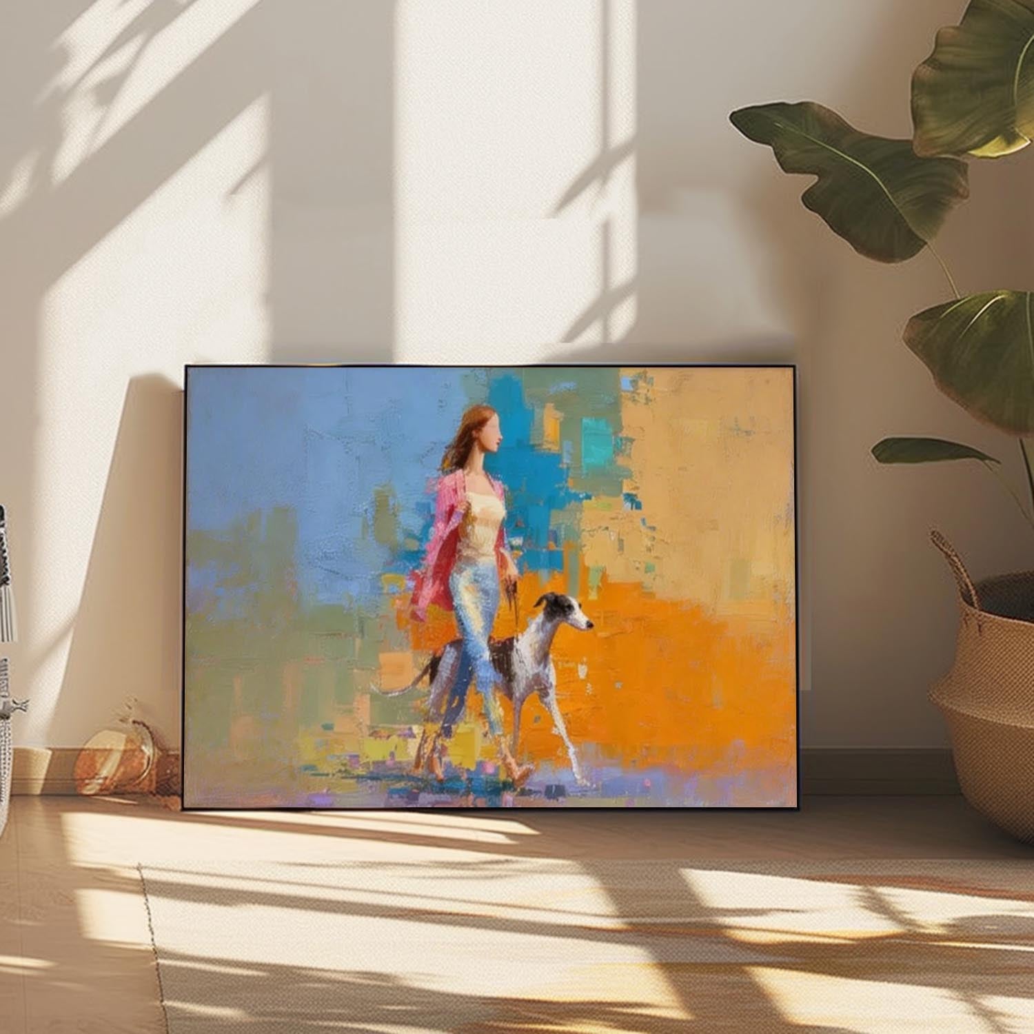 Modern Impressionist Painting Elegant Woman Walking Greyhound Dog Colorful Figurative Abstract Contemporary Art
