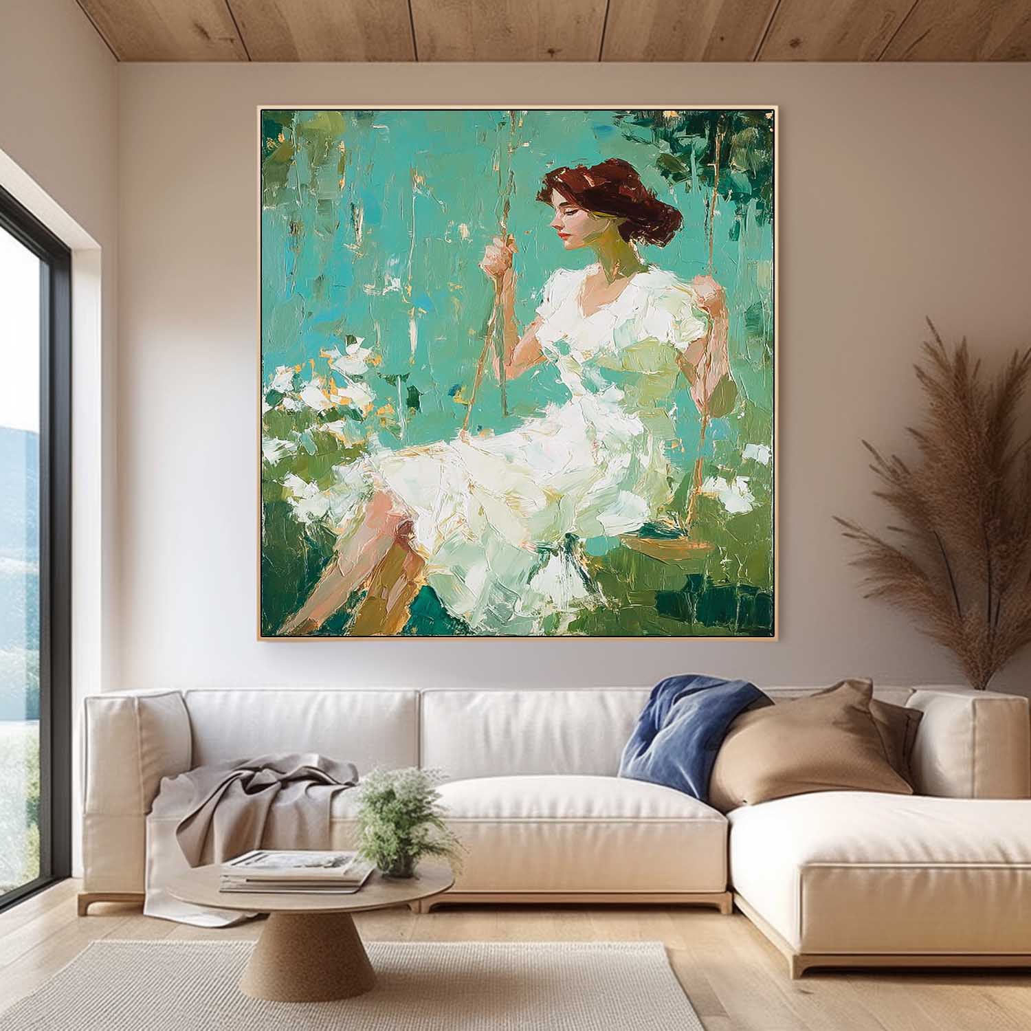 Green Impressionist Oil Painting Of Woman Sitting On Swing Floral Background Wall Art For Living Room