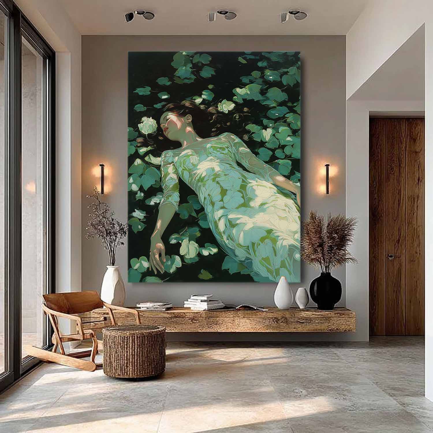 Serene Greenery & Flower Woman Painting Minimalist Wall Art For Modern Home Decor Handmade Canvas Art Online