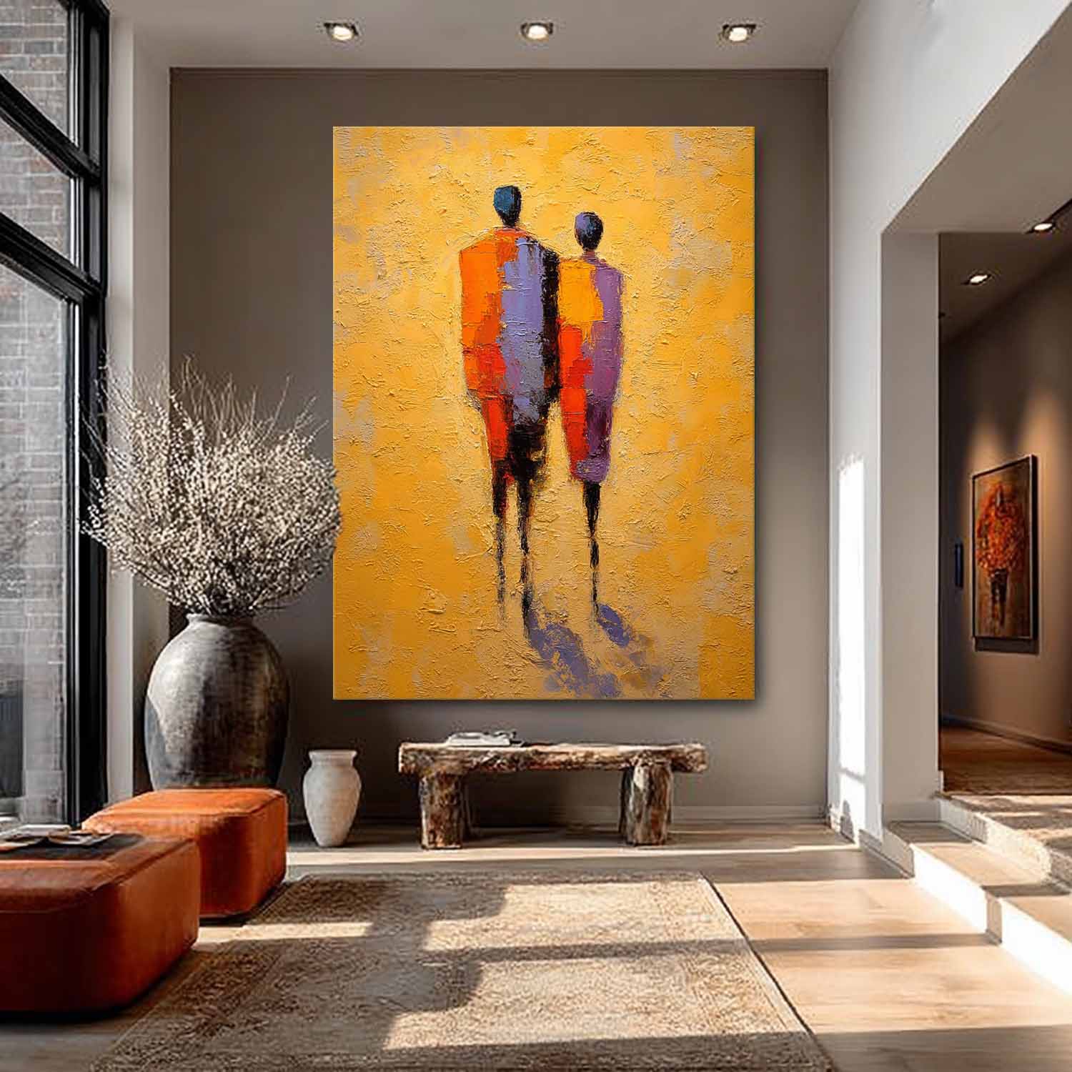 Abstract Oil Painting Couple Figure With Yellow Background Modern Wall Art Home Decor Original Handmade Artwork