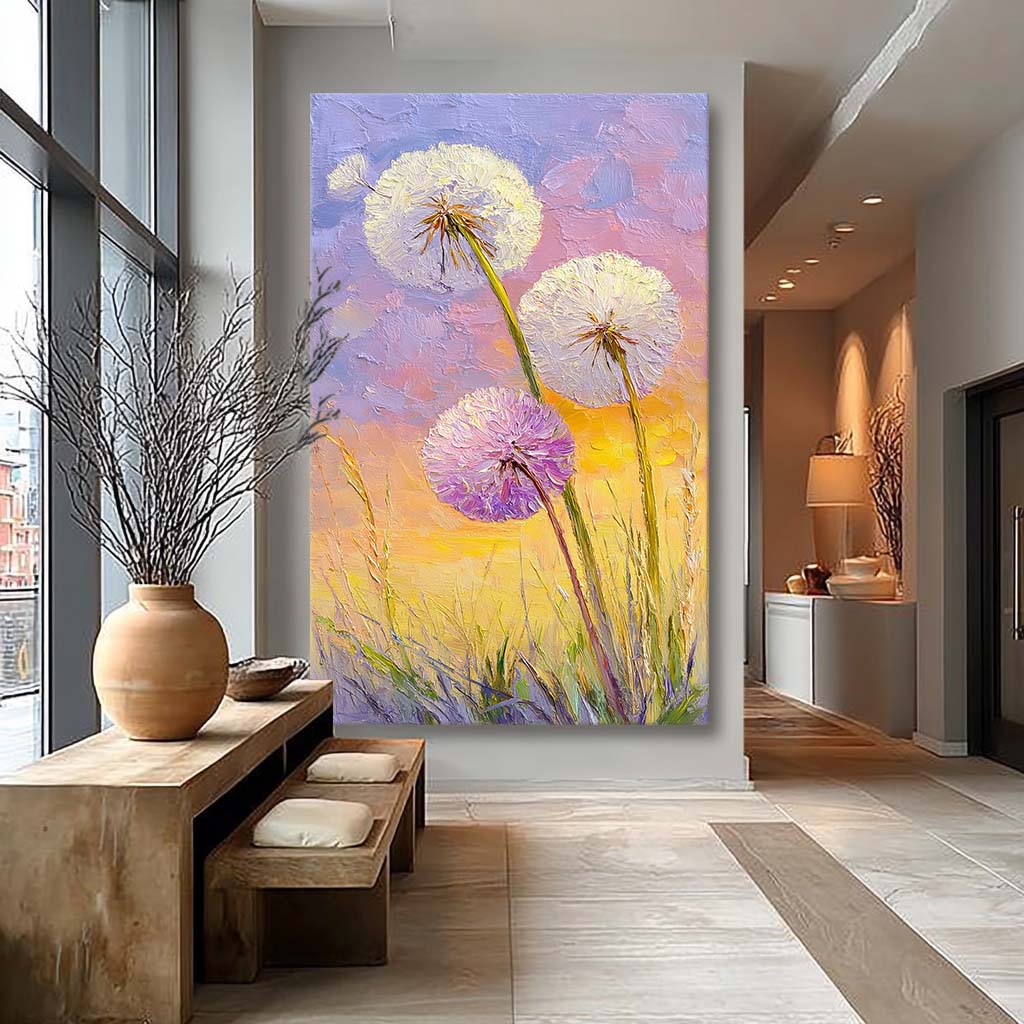 3D Palette Knife Textured Dandelion Oil Painting On Canvas Vertical Meadow Floral Wall Art For Home Decor