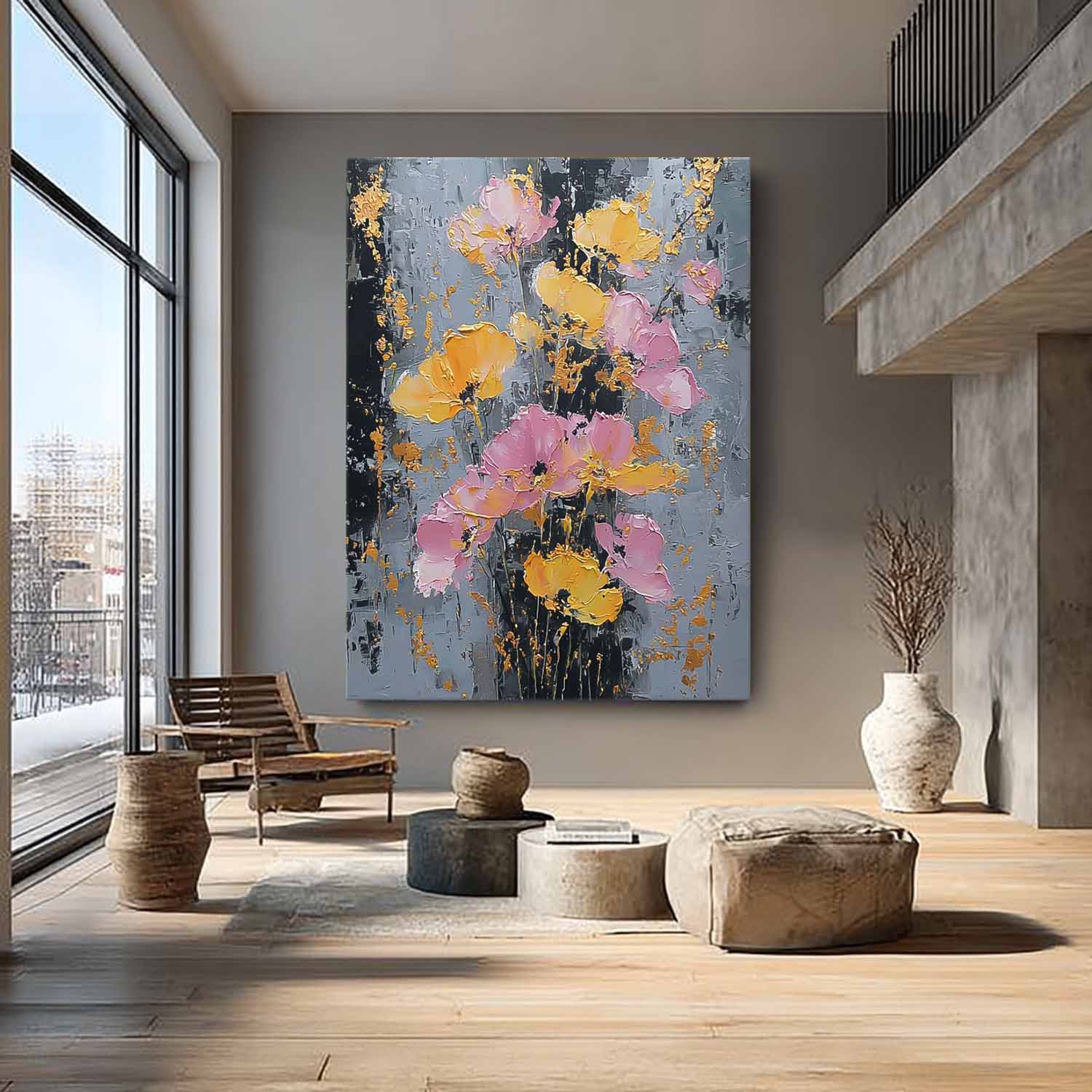 Modern Abstract Floral Oil Painting Pink & Gold Impasto Wall Art Textured Flower Palette Knife Artwork