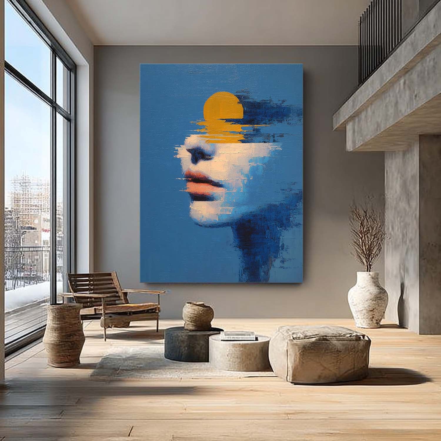 Abstract Sun-Portrait Fusion Art Painting Modern Blue Tone Contemporary Artwork With Striking Visual Depth