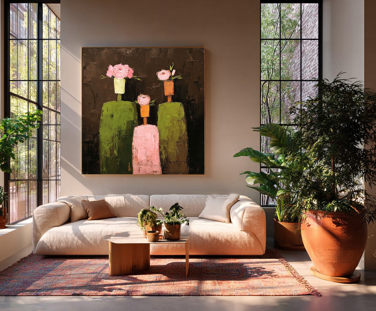 Abstract Floral Oil Painting Canvas Modern Pink Flowers & Geometric Green Figures Contemporary Wall Art