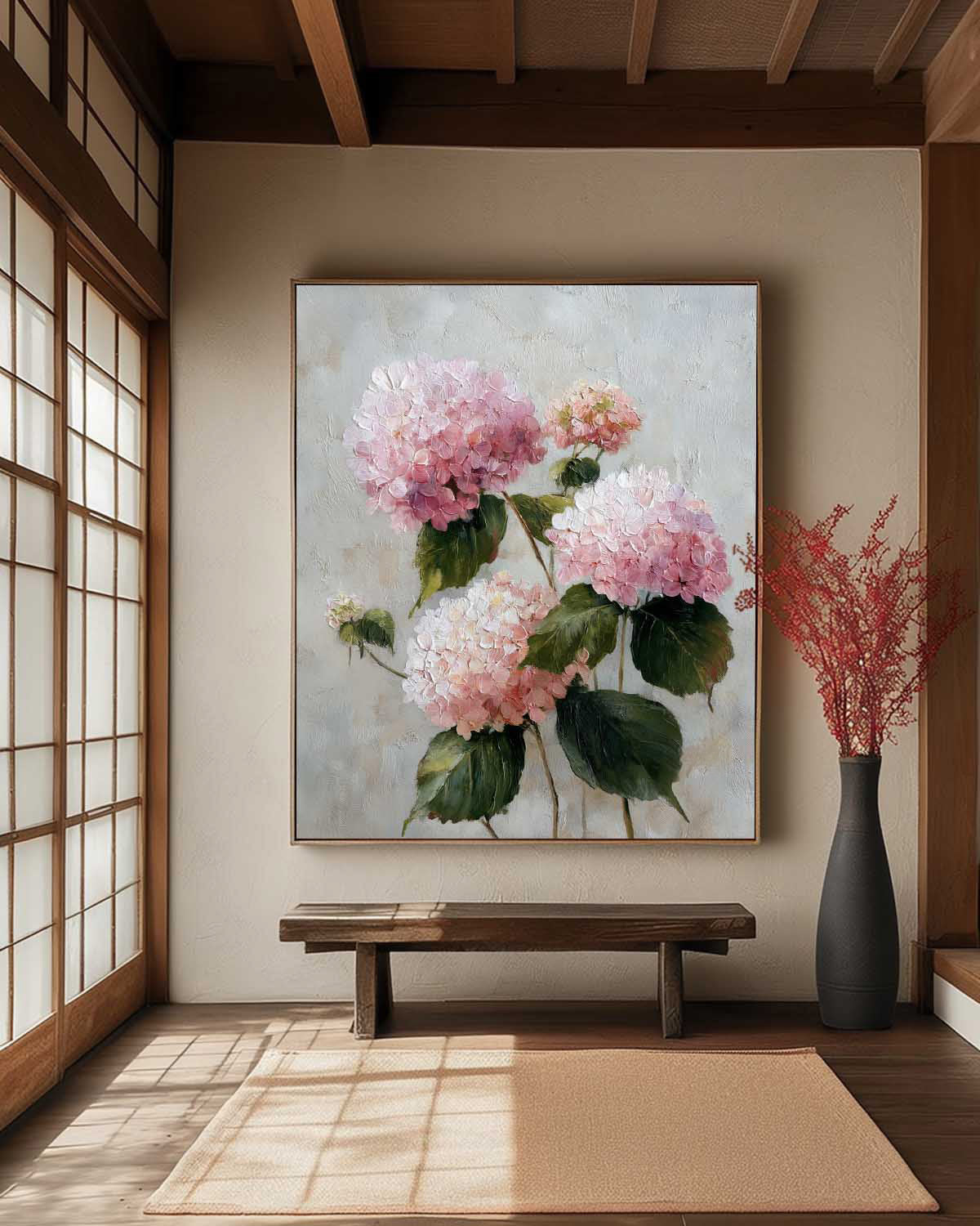 Large Hydrangea Flower Abstract Painting Canvas Original Artwork Texture Pink Plant Wall Art For Living Room