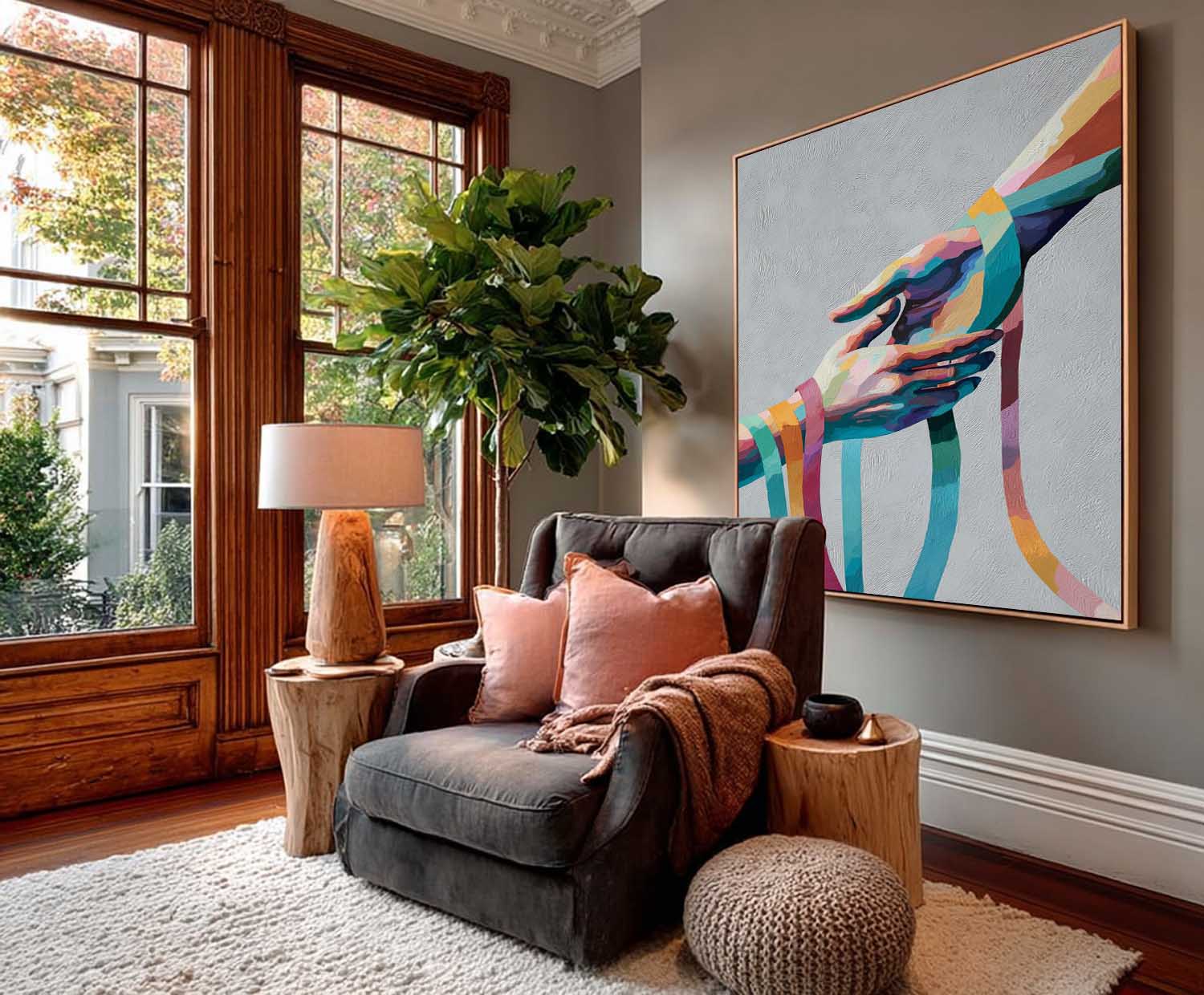 Rainbow Geometric Hands Art Abstract Colorful Wall Decor For Cozy Home Minimalist Yet Heartwarming Art Piece