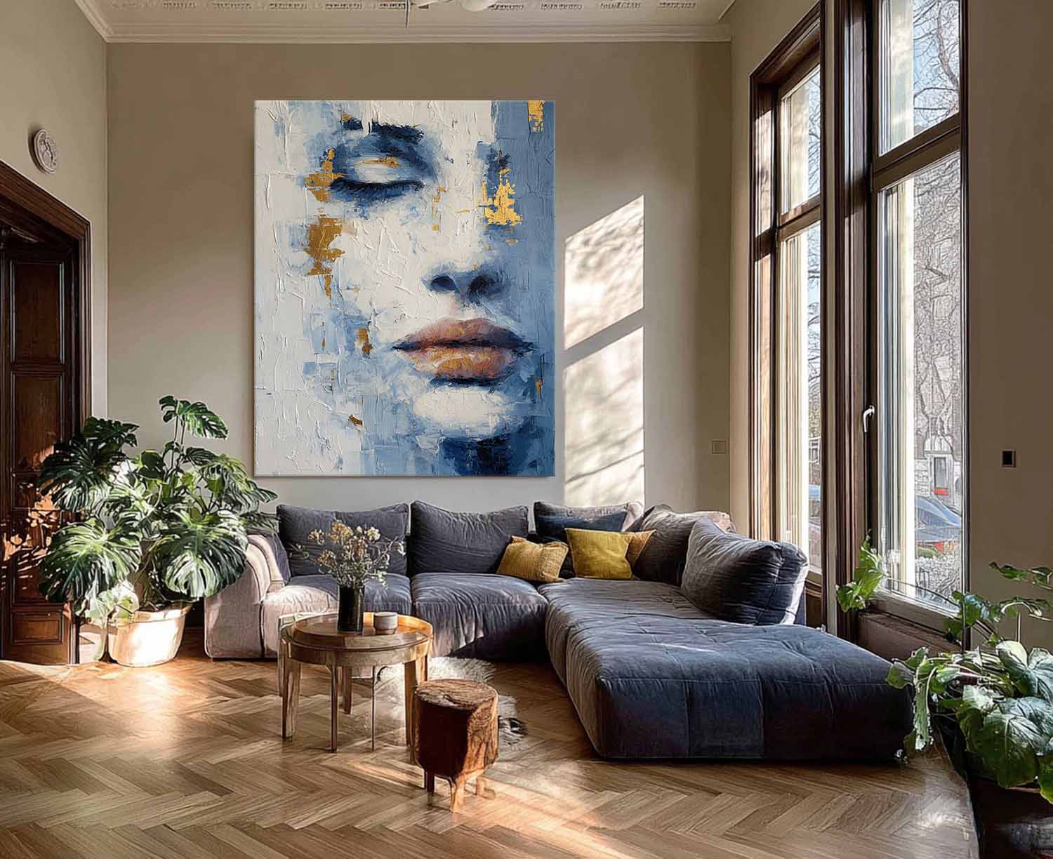Abstract Portrait Painting Modern Blue & Gold Toned Impasto Wall Art Contemporary Minimalist Face Artwork