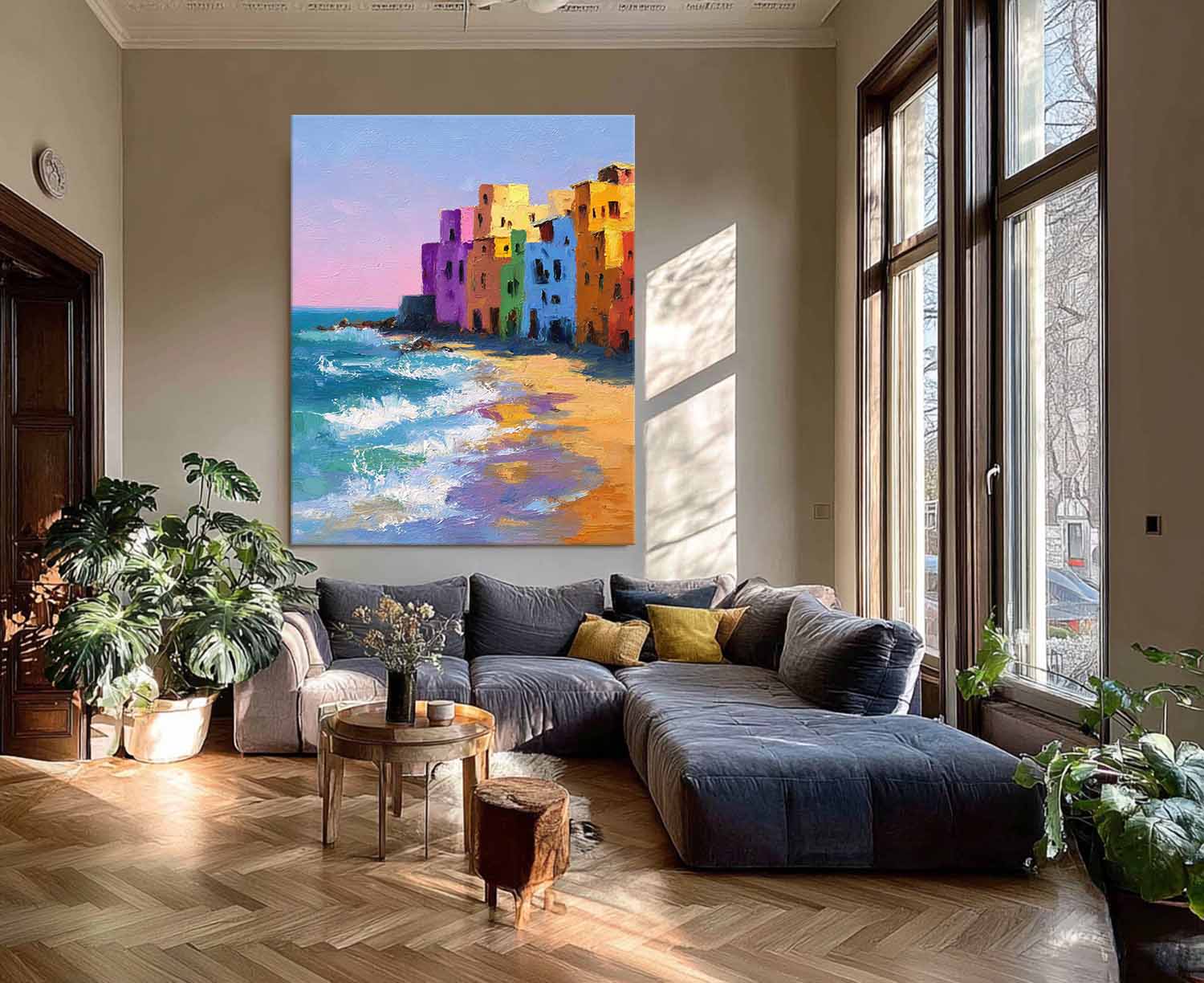 Coastal Wall Art Original Abstract Colorful Seaside Houses Painting Modern Texture Artwork Home Decor