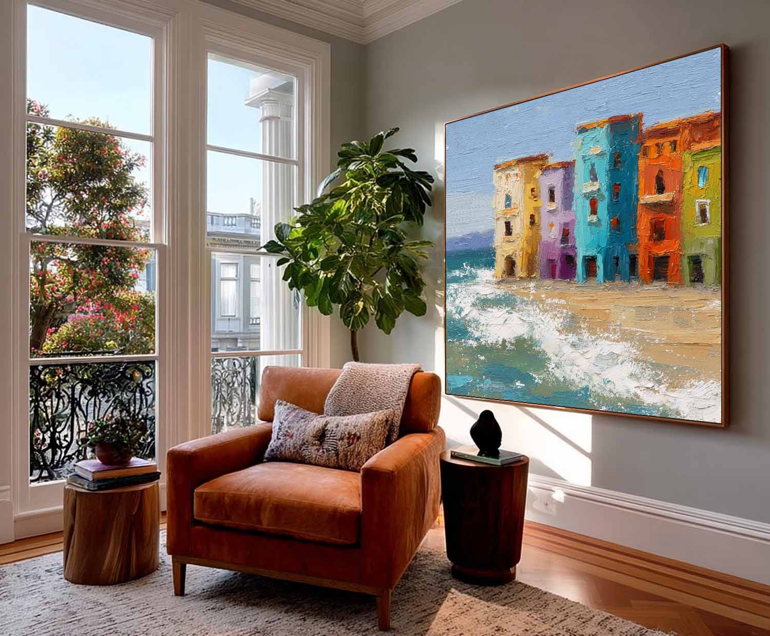Vibrant Colorful Seaside Buildings Painting Coastal Wall Art Decor Mediterranean Style Beach House Aesthetic