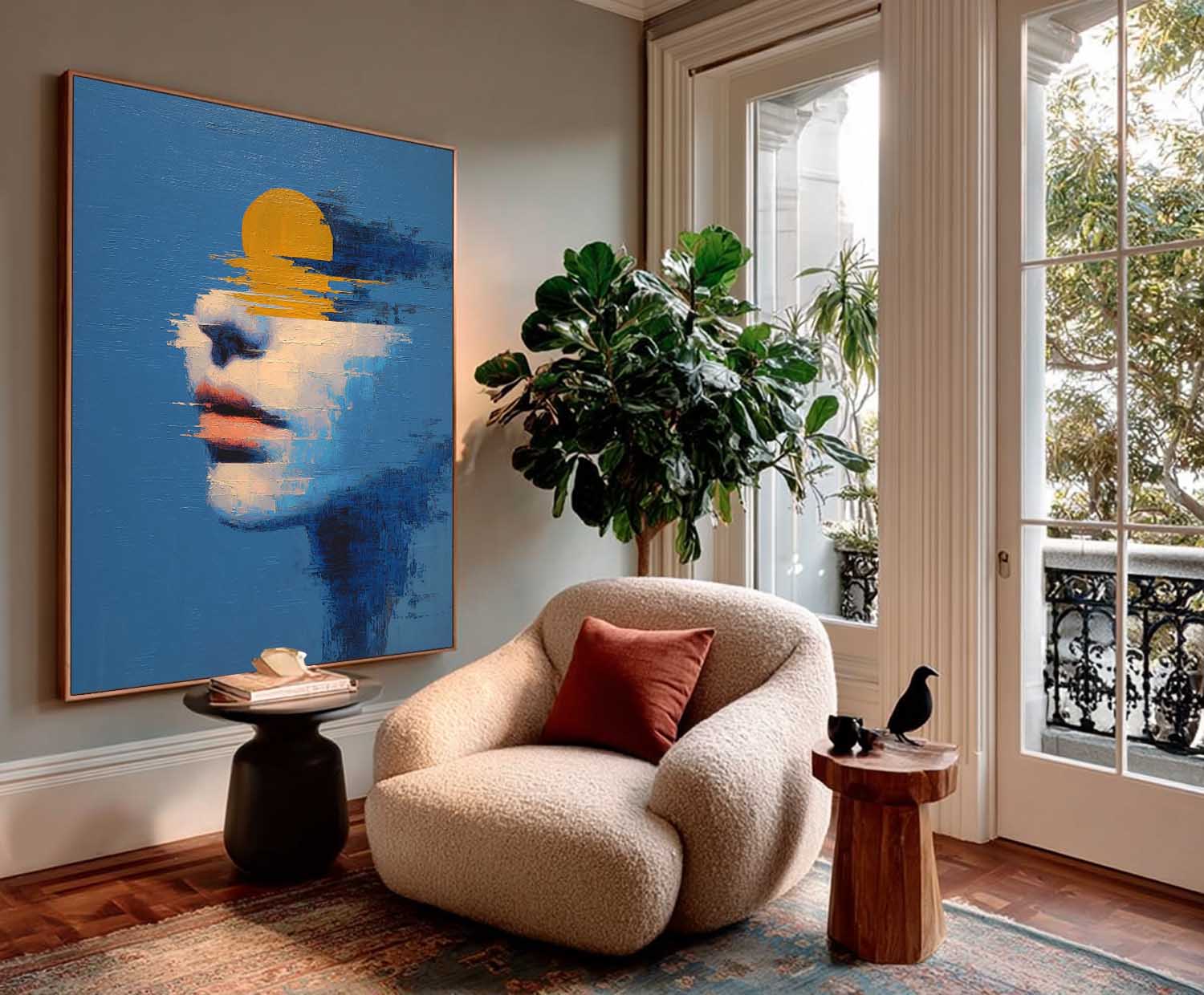 Abstract Sun-Portrait Fusion Art Painting Modern Blue Tone Contemporary Artwork With Striking Visual Depth