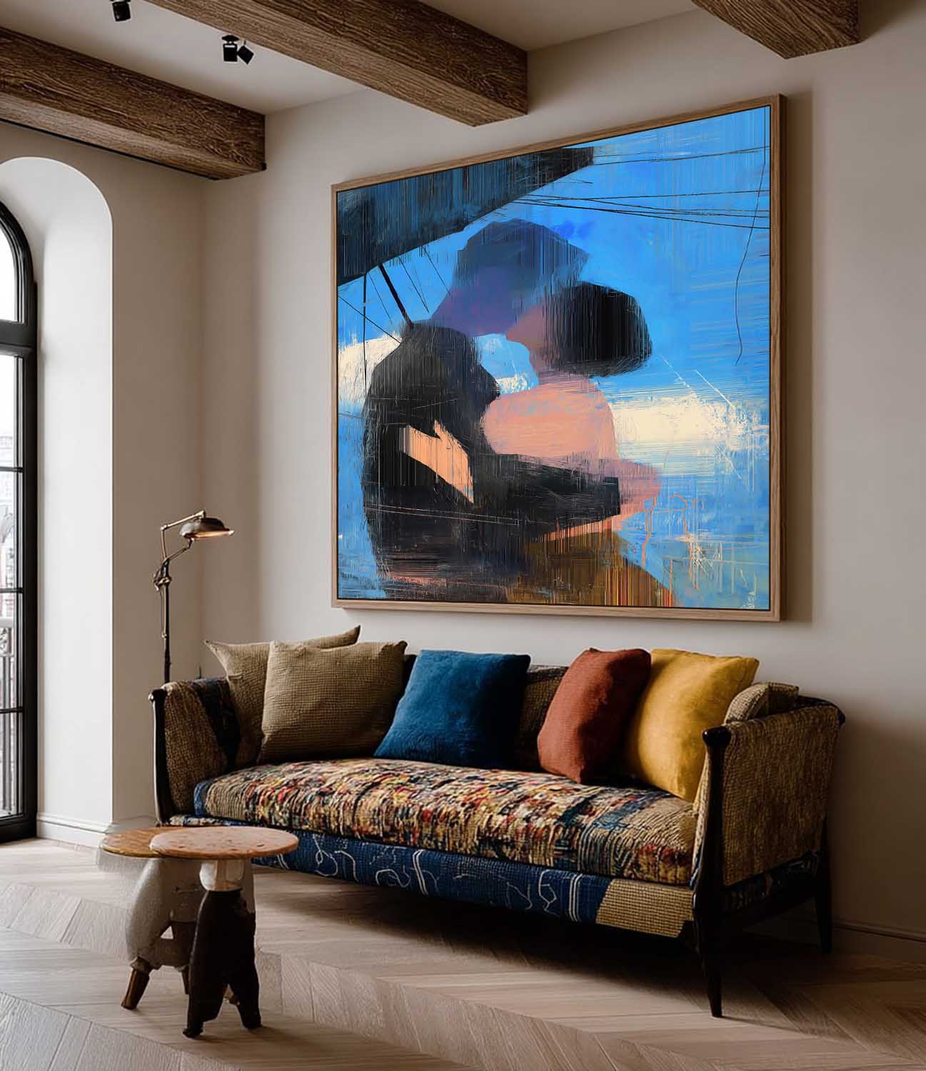 Abstract Oil Painting Couple Kissing Under Umbrella Romantic Wall Art Blue Tone Emotional Figurative Canvas