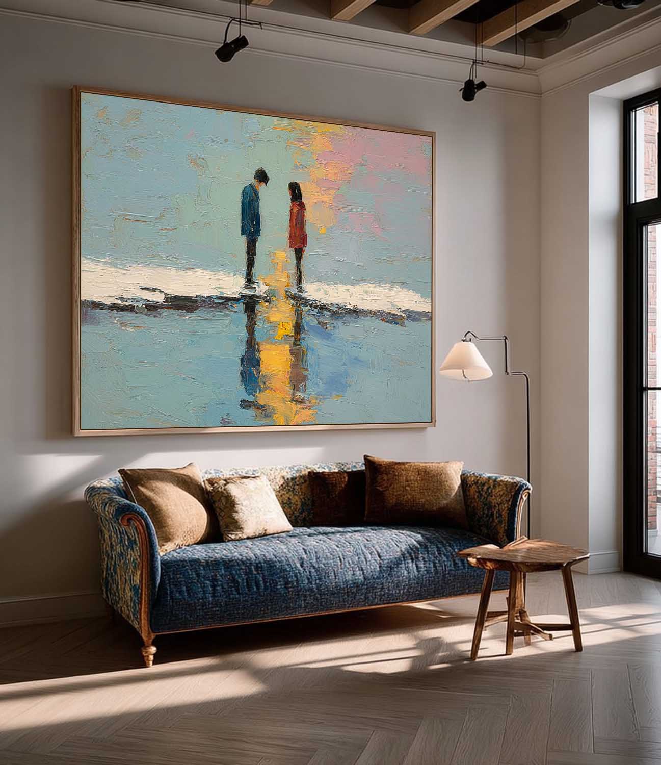 Abstract Couple Palette Knife Painting Sunset Water Reflection Wall Art Large Impressionist Canvas for Living Room