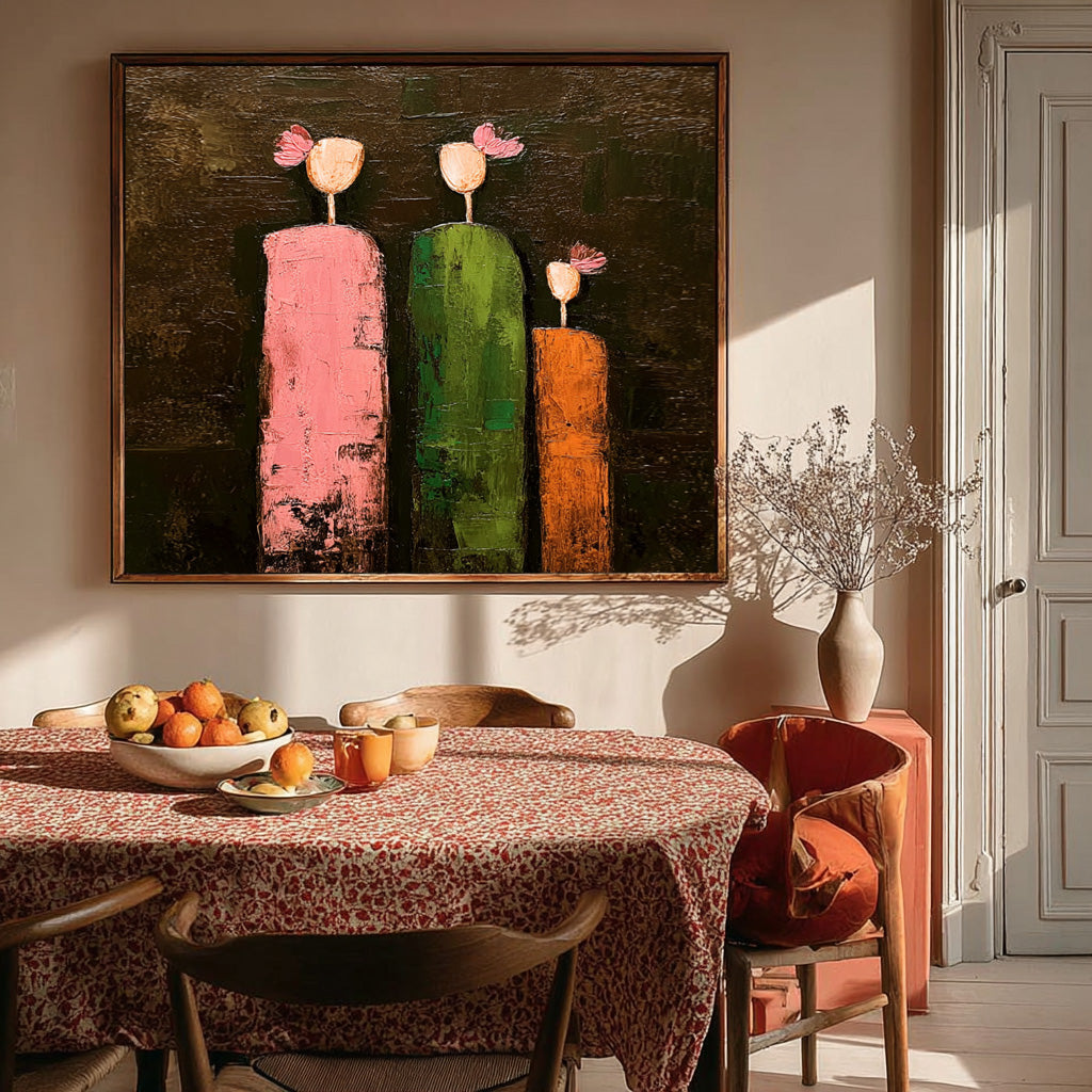 Minimalist Boho Wall Decor Unique Abstract Painting With Floral People Textured Family Artwork