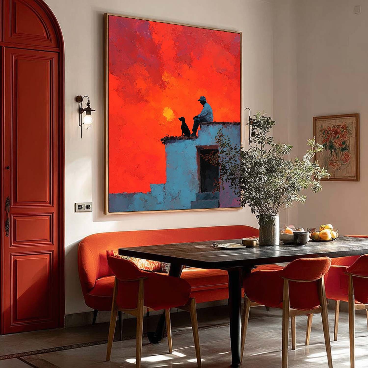 Vibrant Crimson Sunset Clouds Landscape Art Modern Impressionist Boy And Pet Canvas Modern Abstract Wall Decor