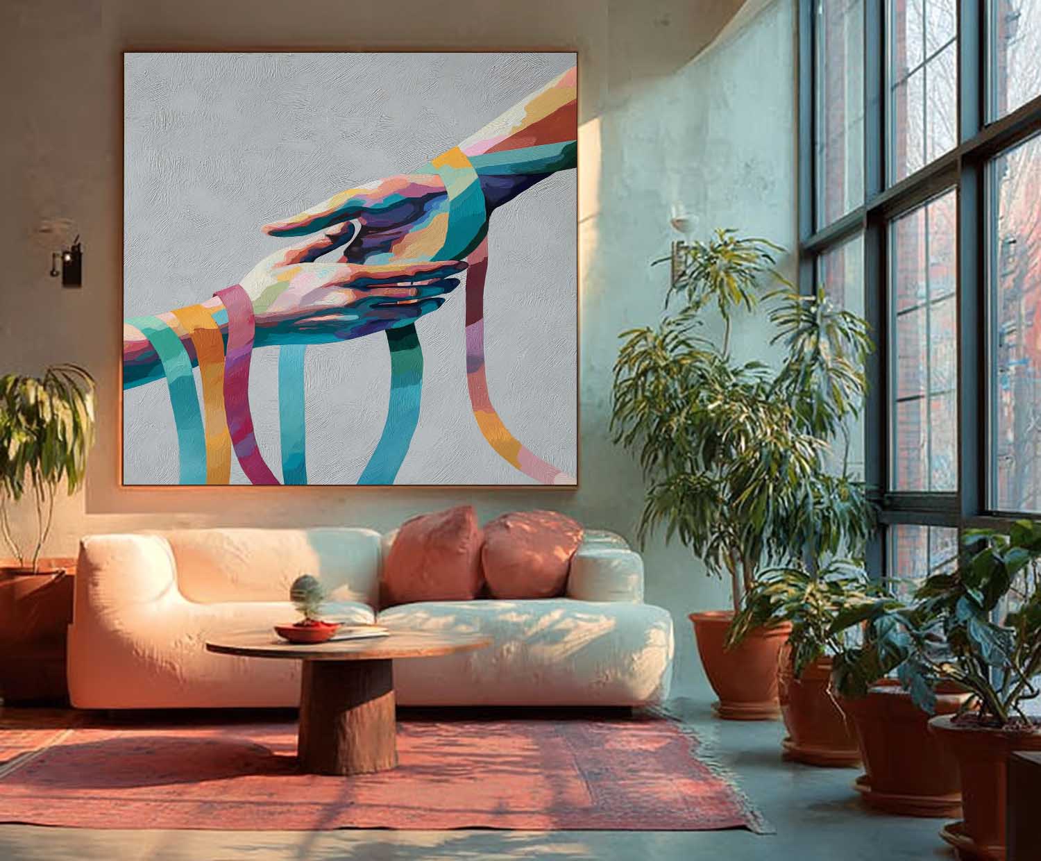 Rainbow Geometric Hands Art Abstract Colorful Wall Decor For Cozy Home Minimalist Yet Heartwarming Art Piece