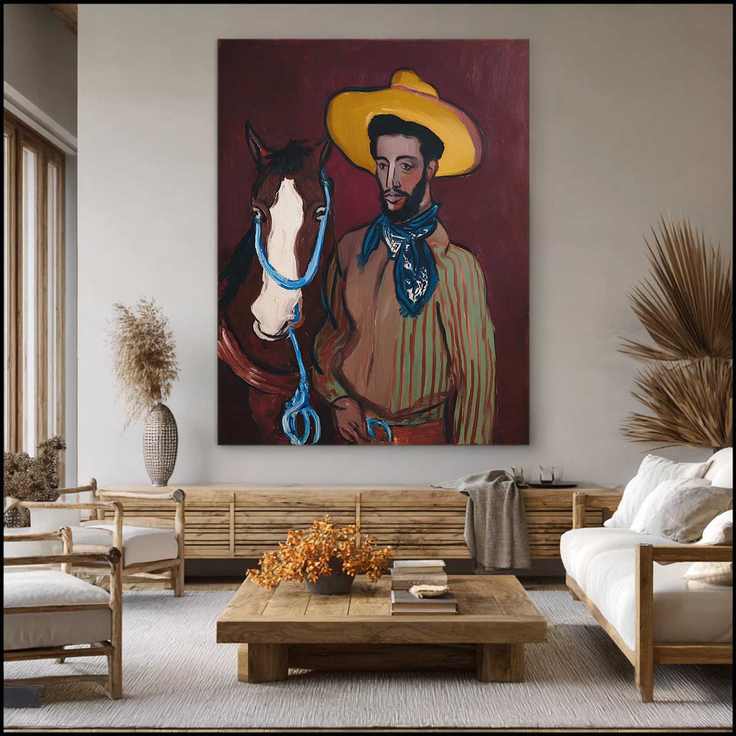Vibrant Western Cowboy & Horse Painting Striped Shirt Blue Bandana Portrait Bold Color Wall Art Home Decor