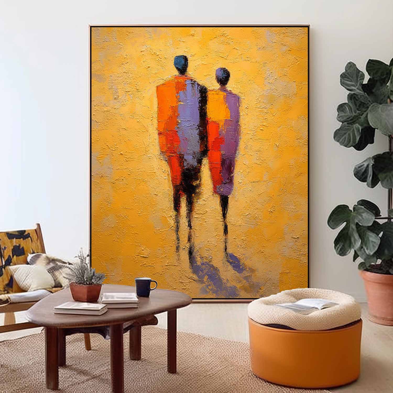 Abstract Oil Painting Couple Figure With Yellow Background Modern Wall Art Home Decor Original Handmade Artwork