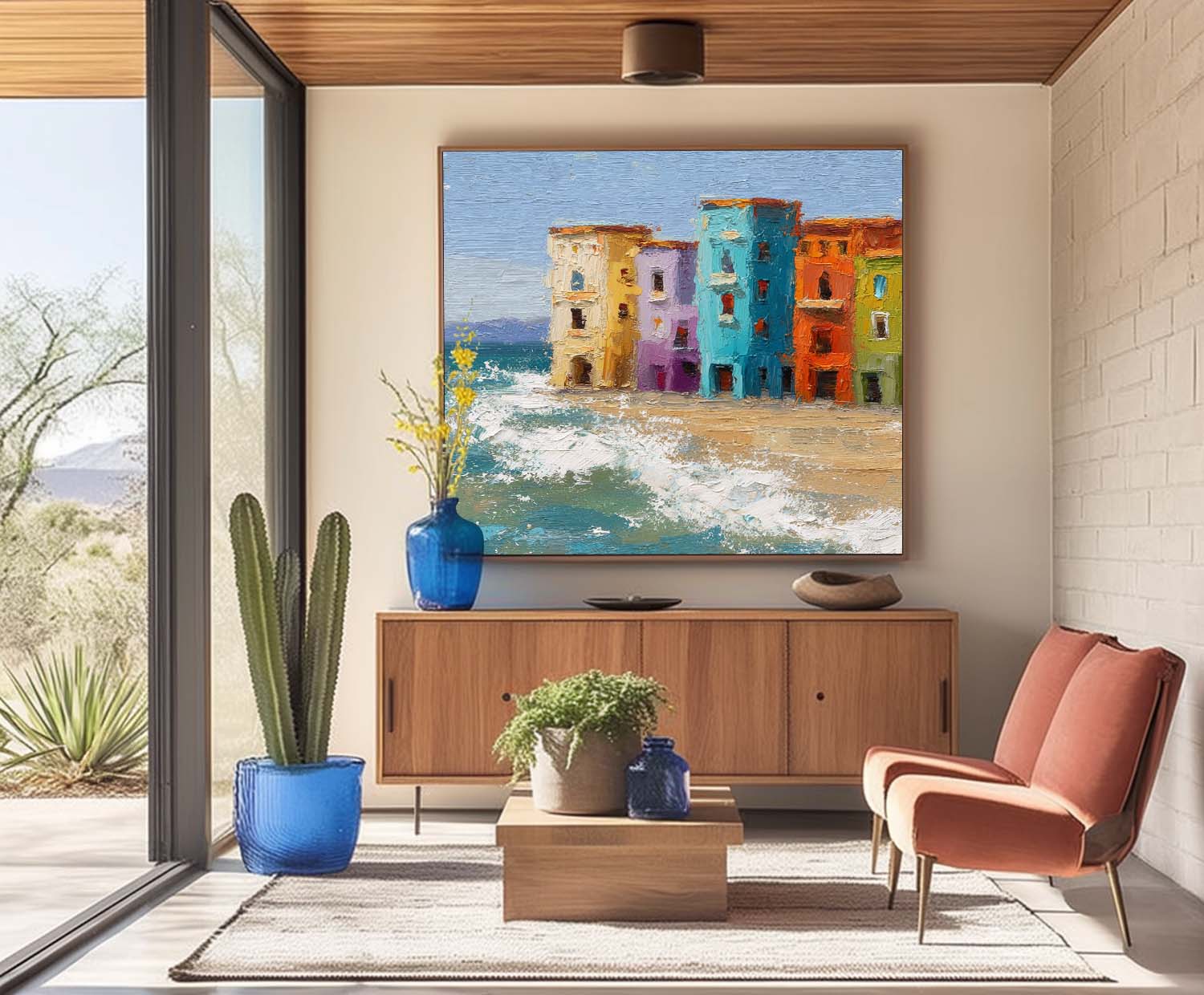 Vibrant Colorful Seaside Buildings Painting Coastal Wall Art Decor Mediterranean Style Beach House Aesthetic