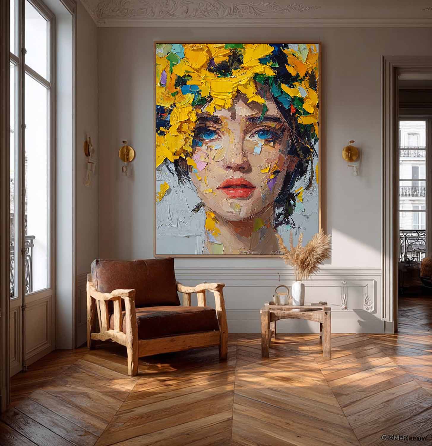 Original Handpainted Oil Portrait With Vibrant Yellow Floral Crown Bold Brushstroke Texture Canvas Art