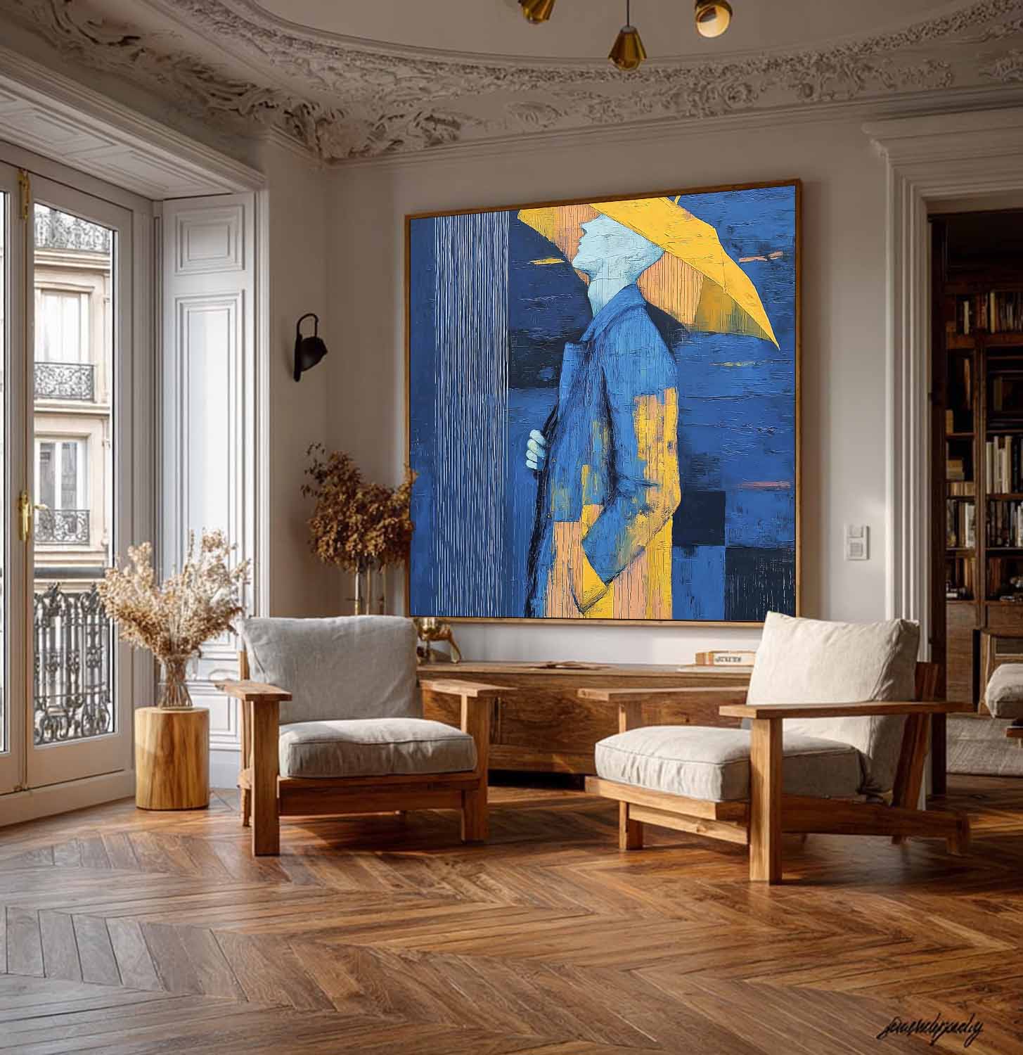 Blue Yellow Umbrella Modern Abstract Oil Painting Original Wall Art For Living Room Decor Handmade Canvas