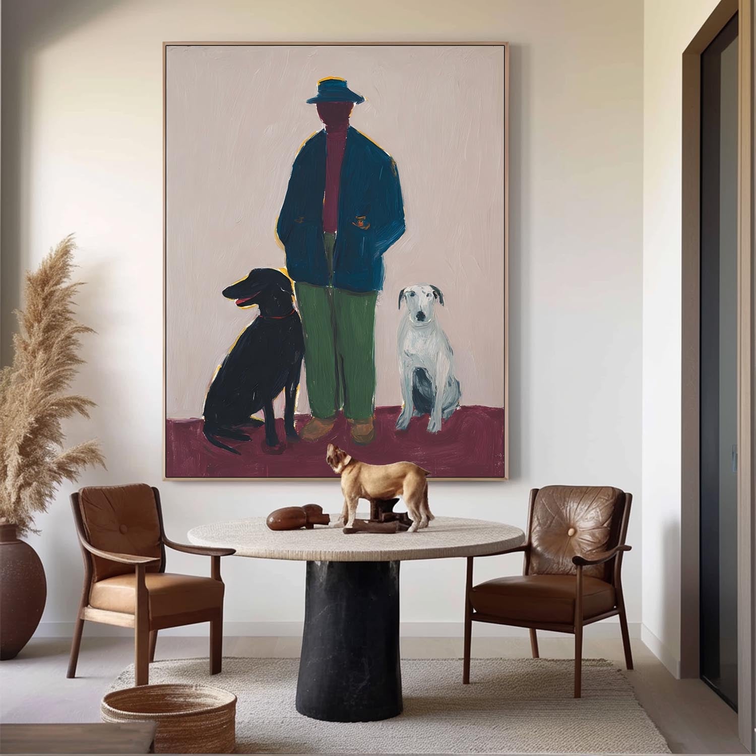Modern Art Of Man With Black & White Dog Painting Unique Pet Lover Gift & Animal Themed Wall Art for Home