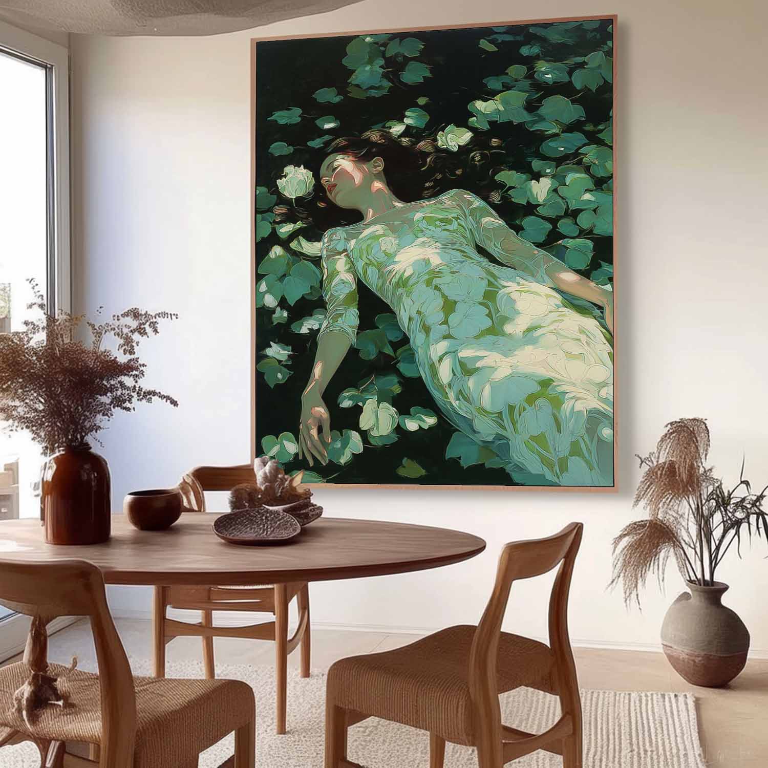 Serene Greenery & Flower Woman Painting Minimalist Wall Art For Modern Home Decor Handmade Canvas Art Online