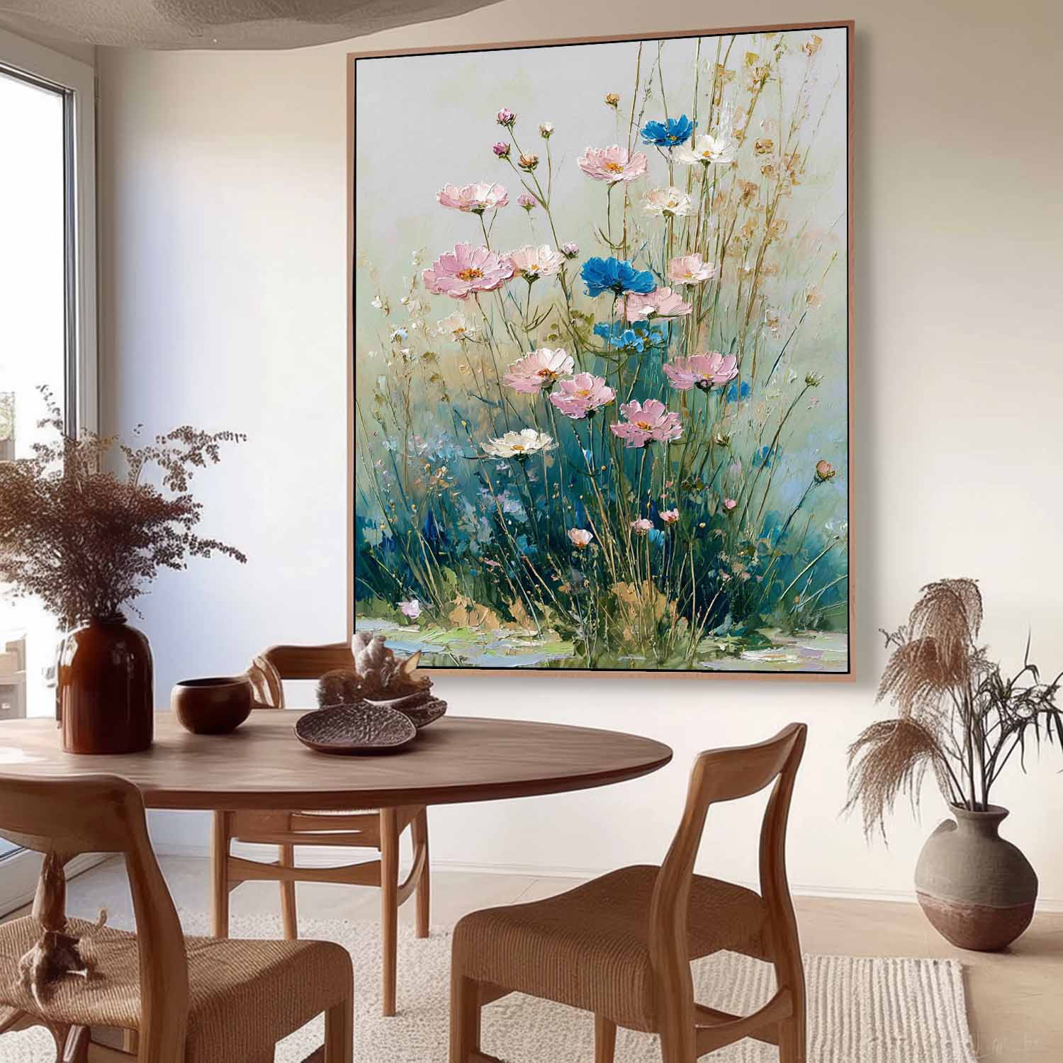 Large Bohemian Floral Oil Painting Canvas Colorful Wildflower Wall Art Vintage Style Decorative Art