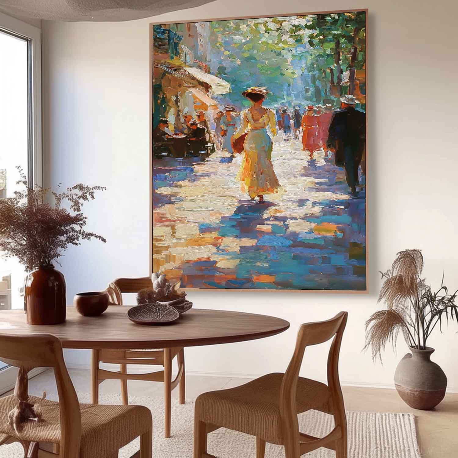 Large Vintage Sunlit Street Oil Painting Impressionist Canvas Wall Art Original Figure For Living Room Decor