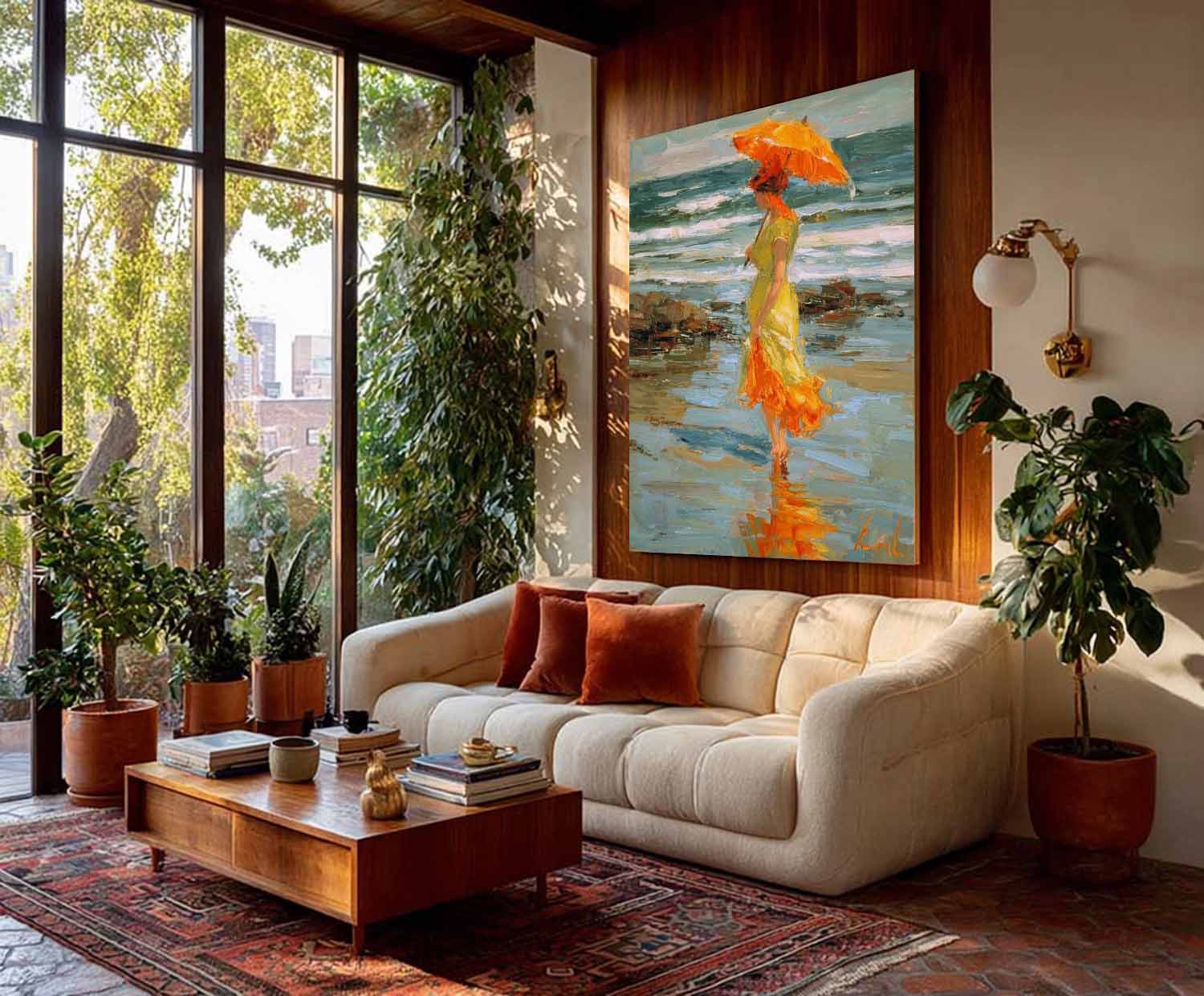 Original Handmade Art Elegant Woman In A Flowing Green Dress Painting Large Retro Unique Artwork Decor