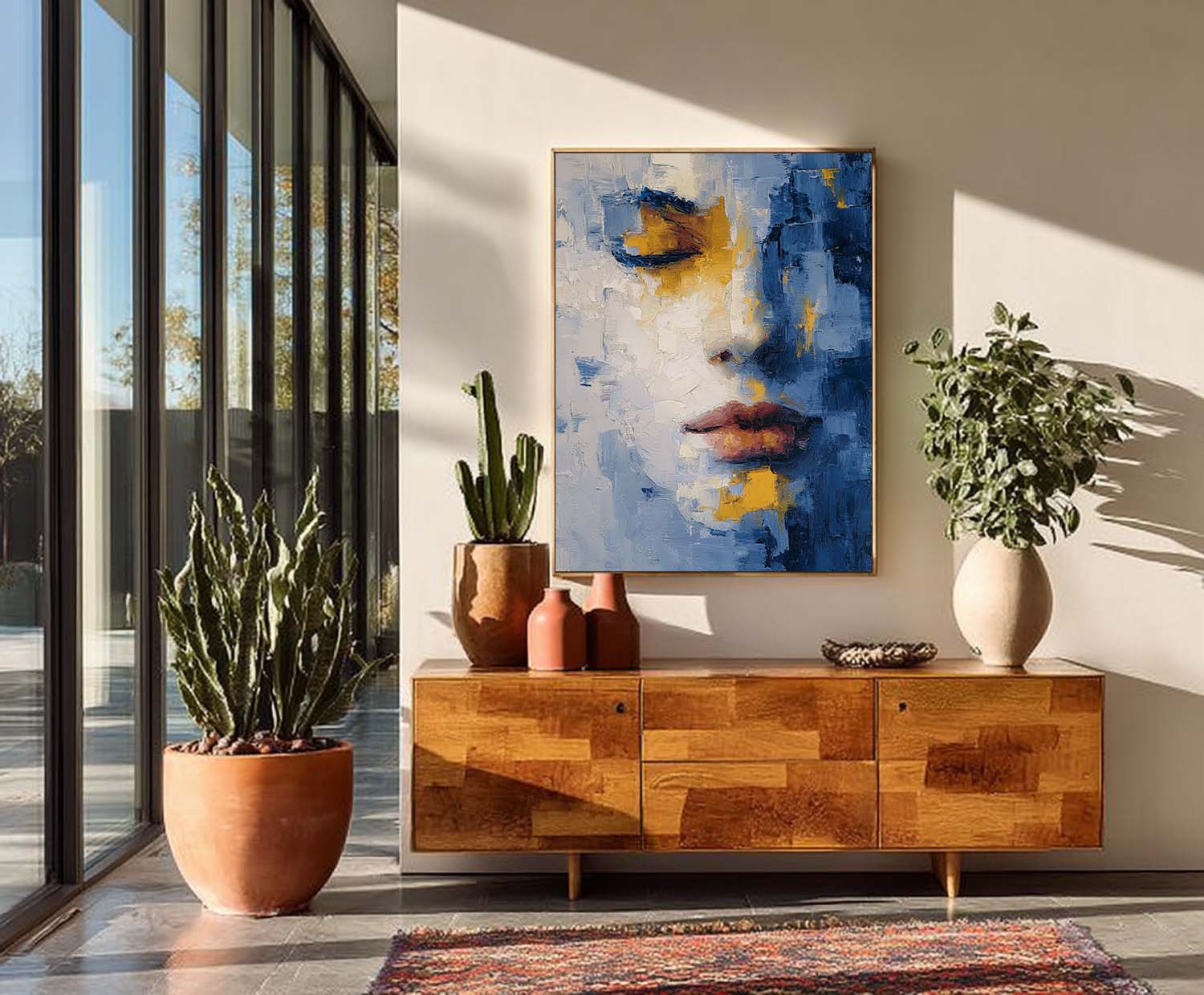 Contemporary Minimalist Face Artwork Abstract Portrait Painting Modern Blue & Gold Toned Impasto Wall Art