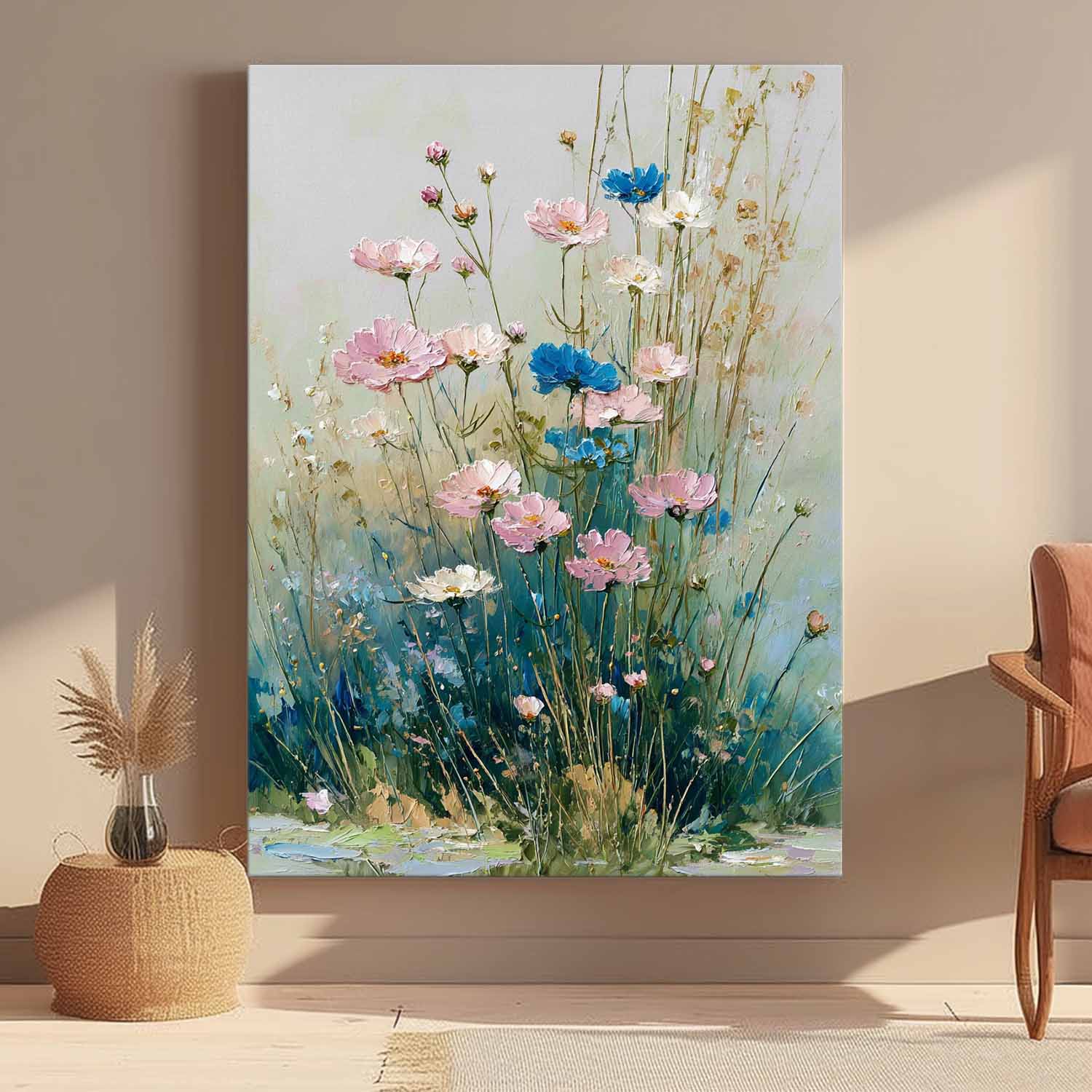 Large Bohemian Floral Oil Painting Canvas Colorful Wildflower Wall Art Vintage Style Decorative Art