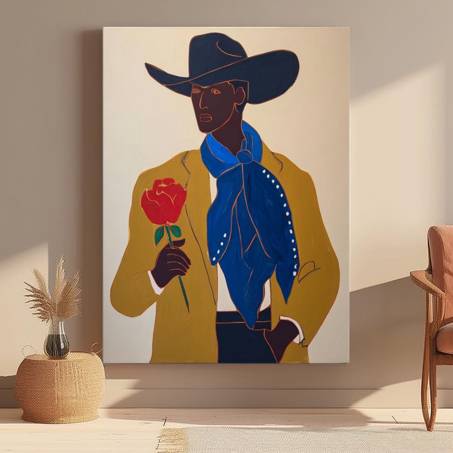 Original Oil Painting Cowboy With Red Rose Vibrant Modern Wall Art Unique Handmade Portrait For Home Decor