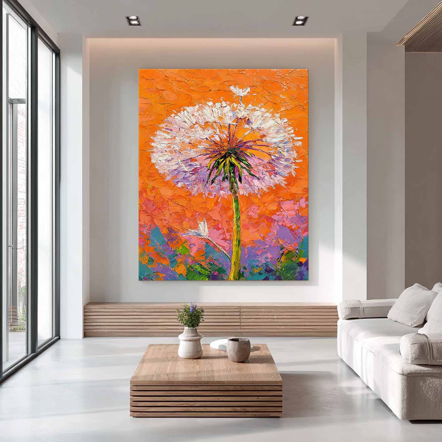 Vibrant Orange Dandelion Oil Painting 3D Textured Palette Knife Wall Art Modern Abstract Floral Canvas