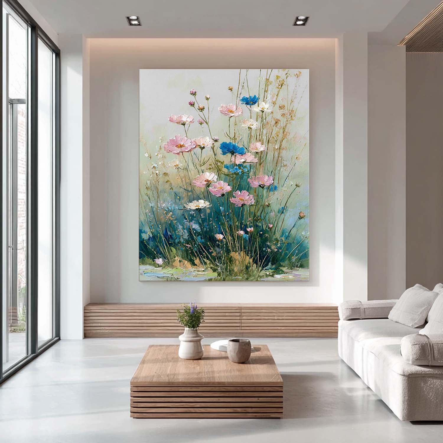Large Bohemian Floral Oil Painting Canvas Colorful Wildflower Wall Art Vintage Style Decorative Art