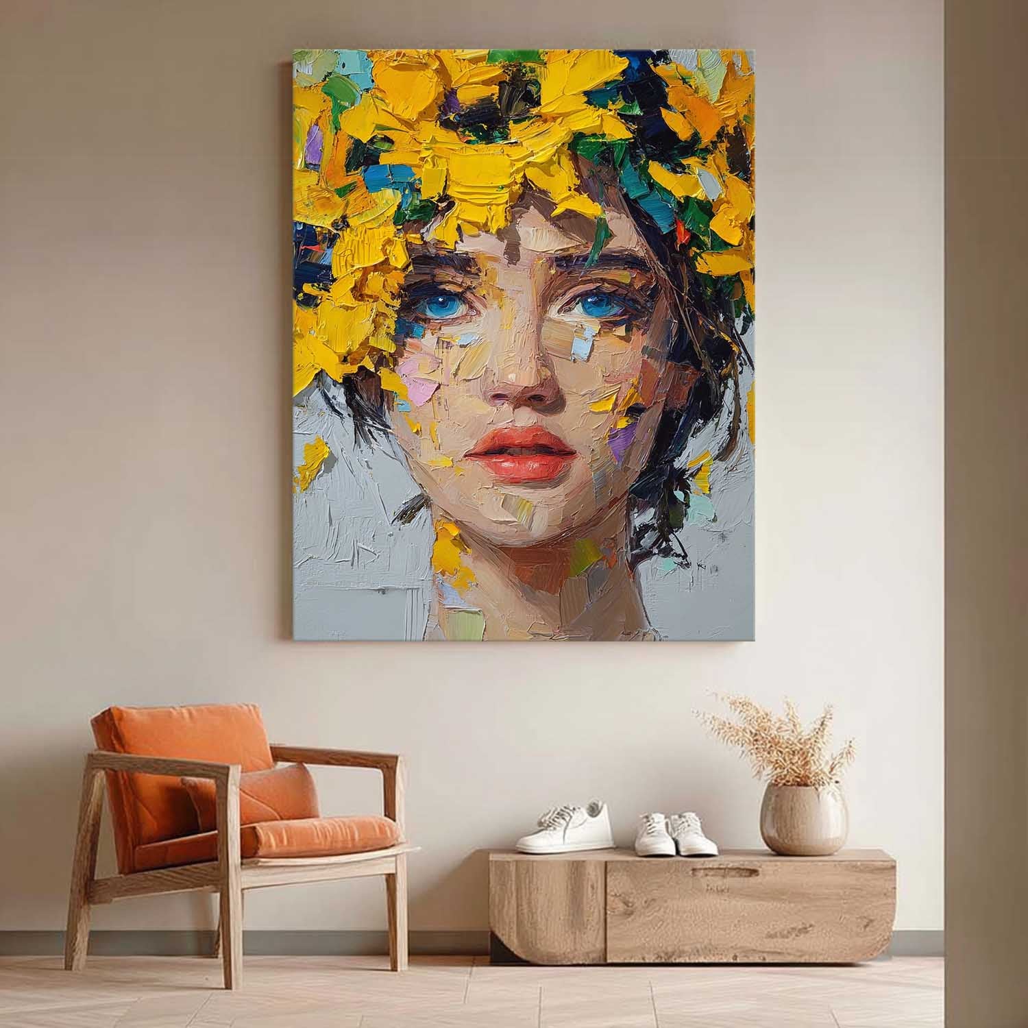 Original Handpainted Oil Portrait With Vibrant Yellow Floral Crown Bold Brushstroke Texture Canvas Art