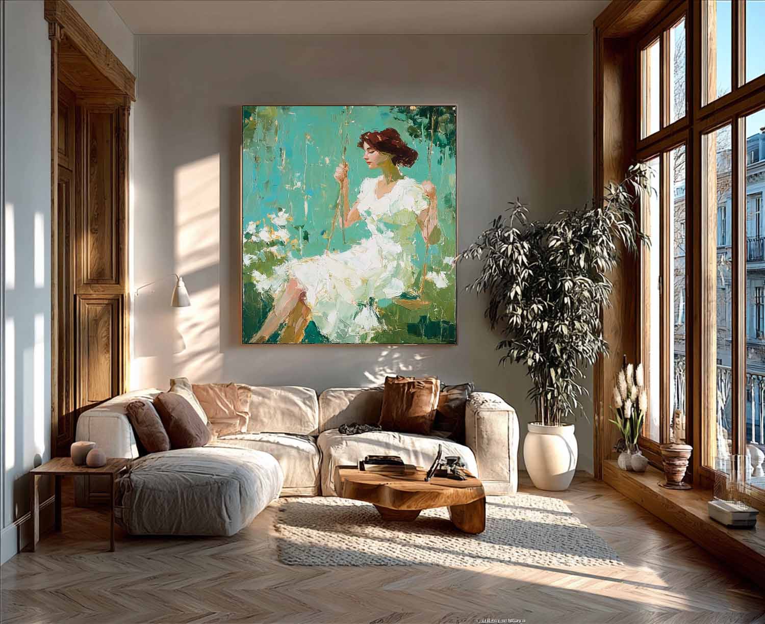 Green Impressionist Oil Painting Of Woman Sitting On Swing Floral Background Wall Art For Living Room