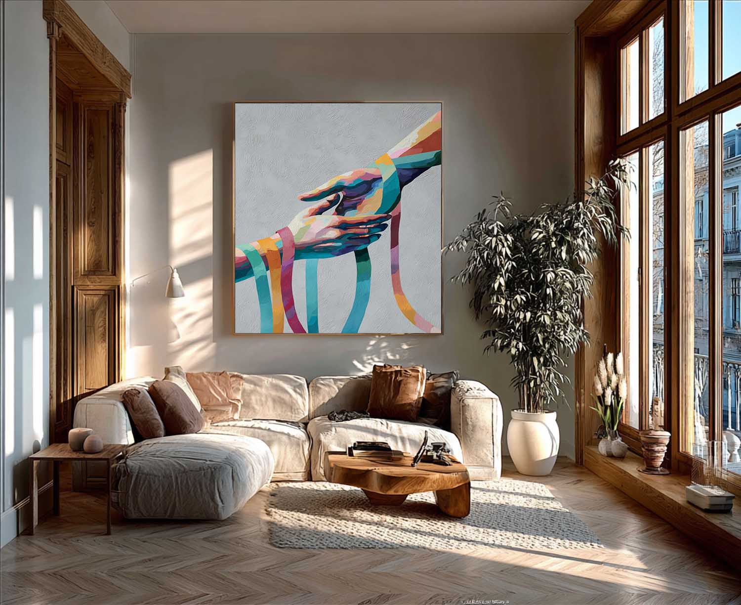 Rainbow Geometric Hands Art Abstract Colorful Wall Decor For Cozy Home Minimalist Yet Heartwarming Art Piece