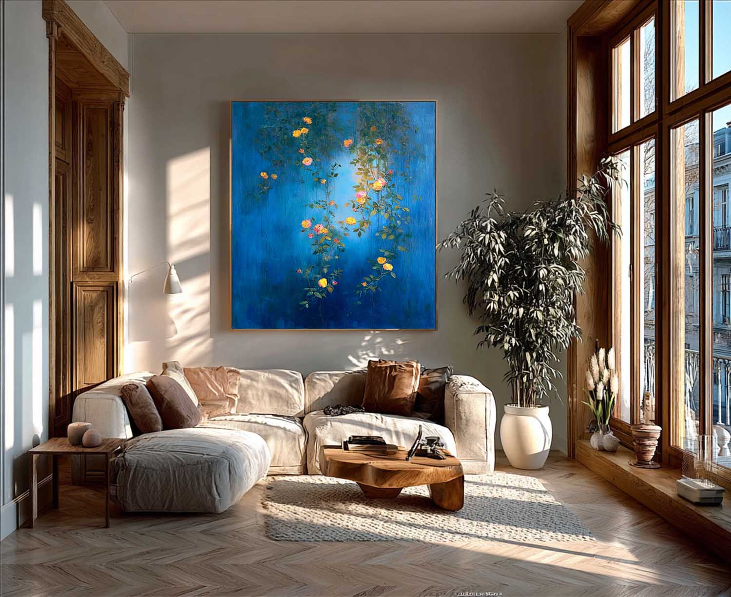 Original Floral Wall Art Canvas Vibrant Yellow & Pink Roses On Deep Blue Background Modern Boho Living Room