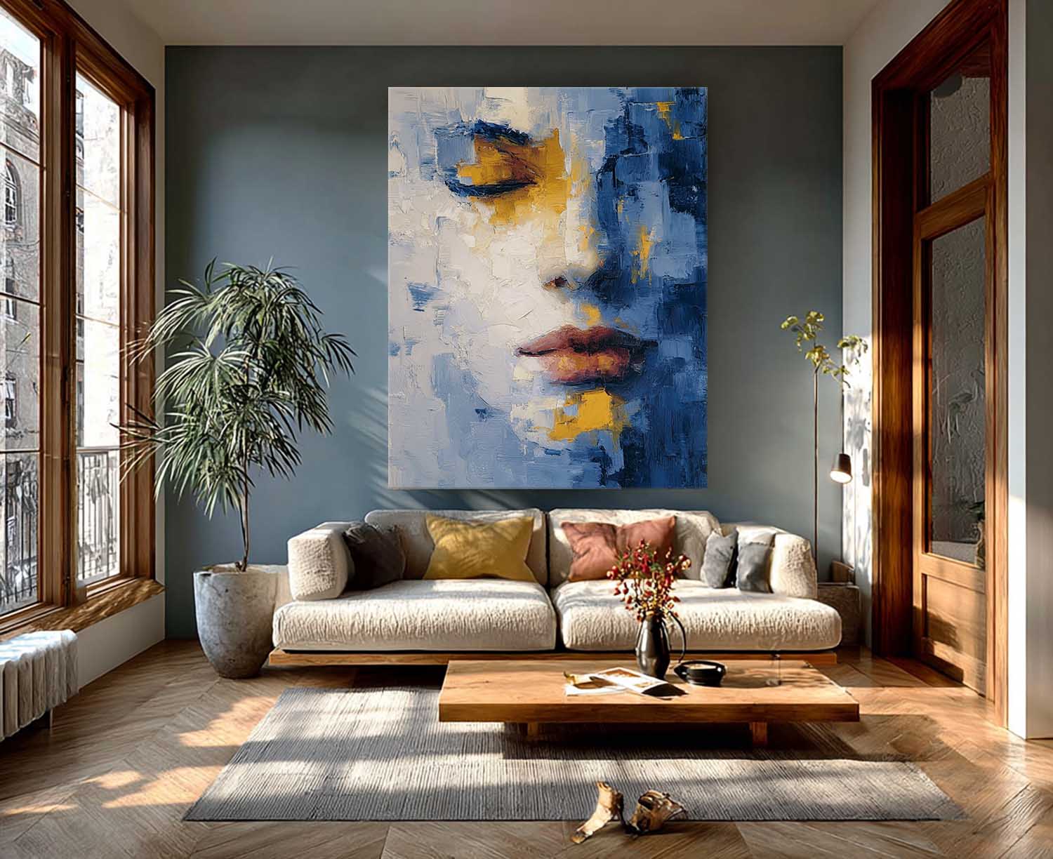 Contemporary Minimalist Face Artwork Abstract Portrait Painting Modern Blue & Gold Toned Impasto Wall Art