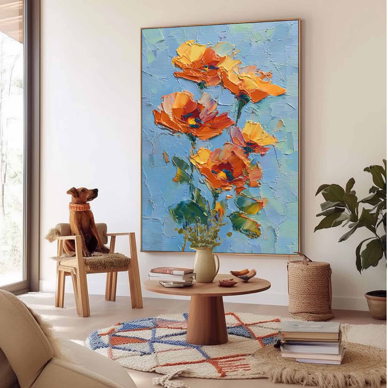 Vibrant Orange-Yellow Blooms On Teal Background Impasto Oil Floral Bouquet Wall Art Textured Modern Home Decor