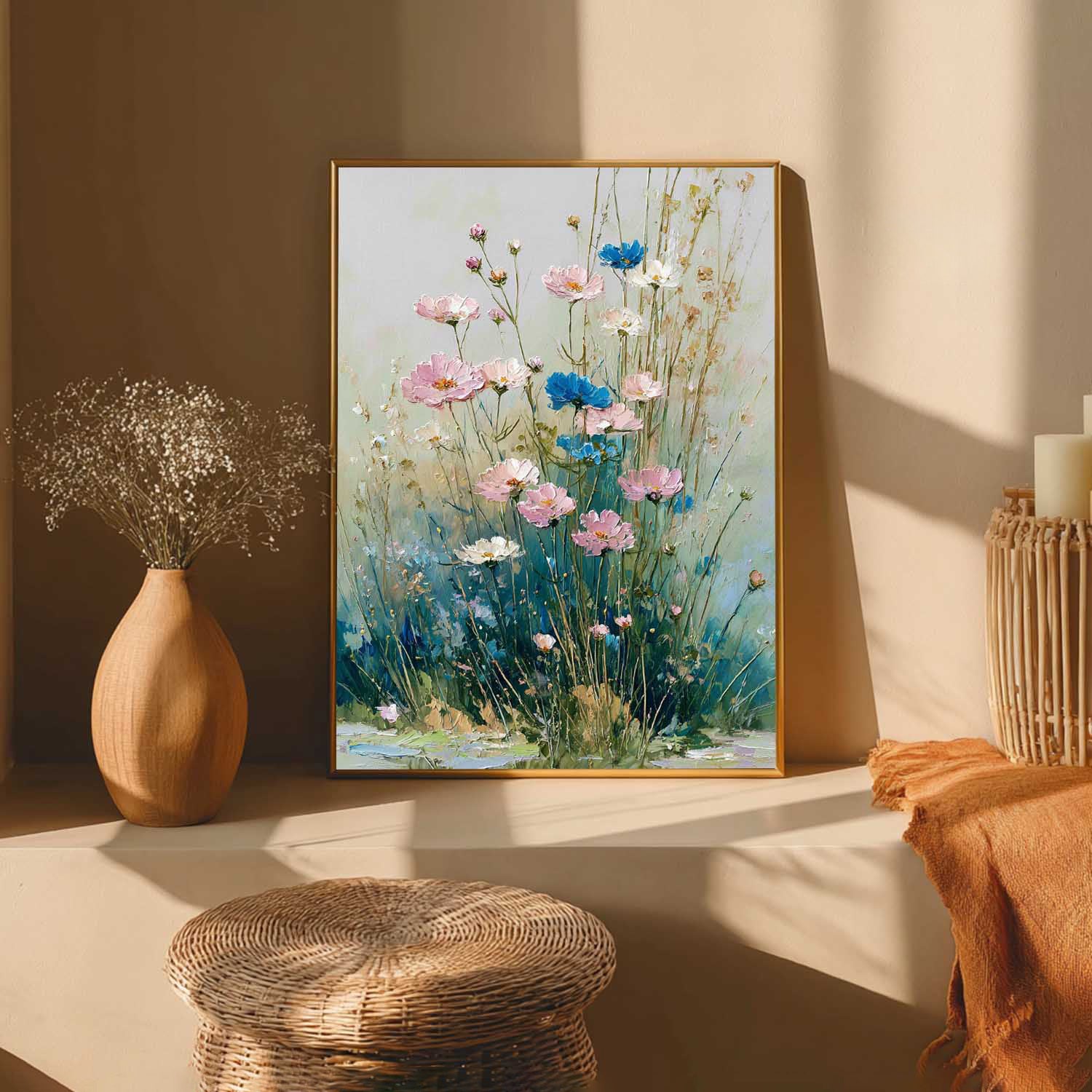 Large Bohemian Floral Oil Painting Canvas Colorful Wildflower Wall Art Vintage Style Decorative Art