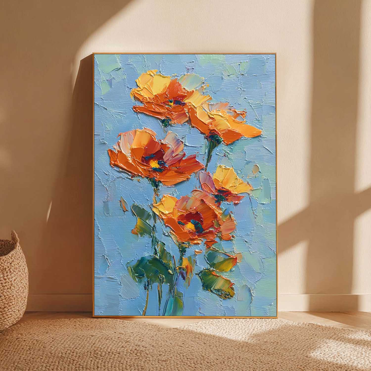 Vibrant Orange-Yellow Blooms On Teal Background Impasto Oil Floral Bouquet Wall Art Textured Modern Home Decor